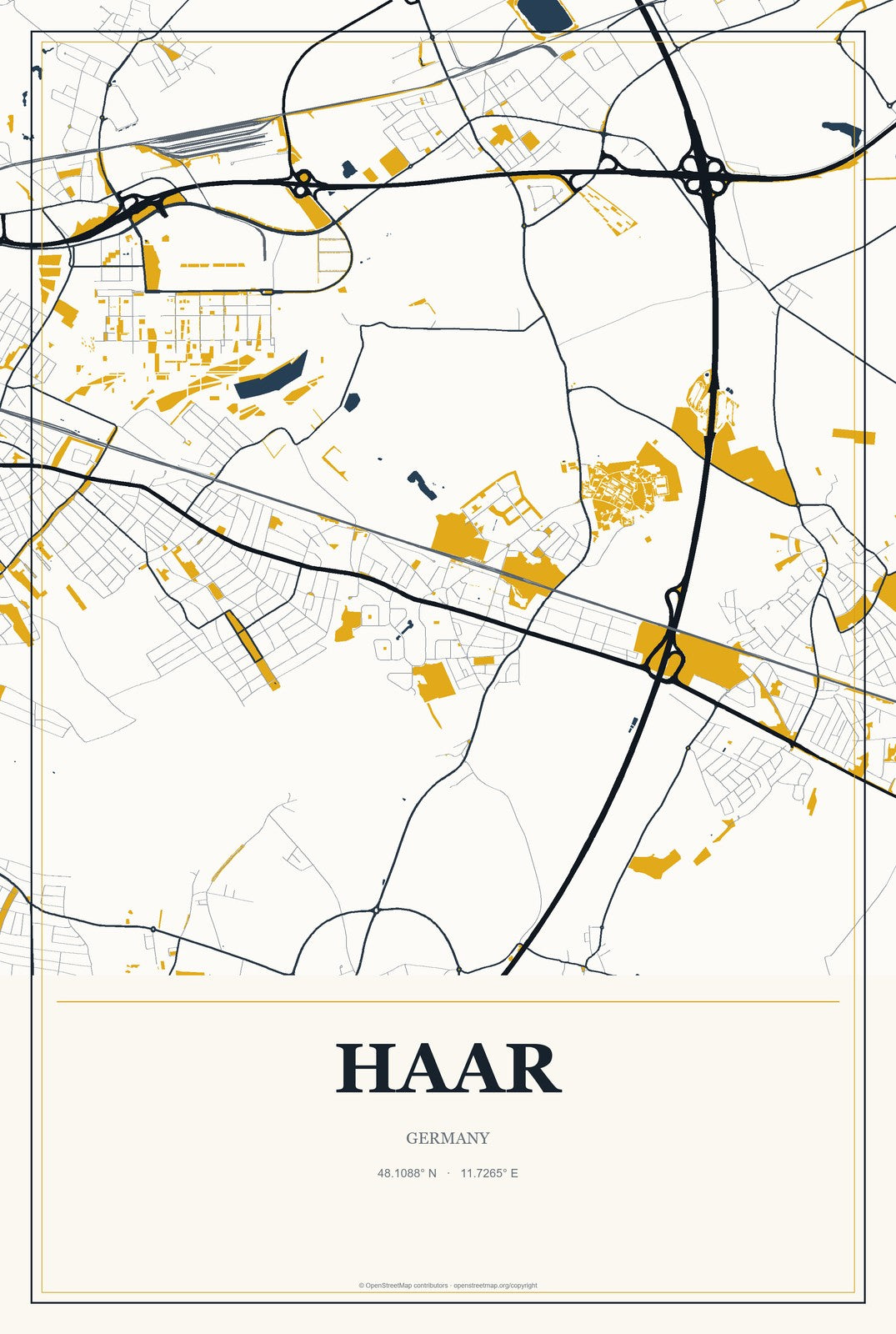 Haar, Germany City Map Aluminum Sign in Citrine Modern style