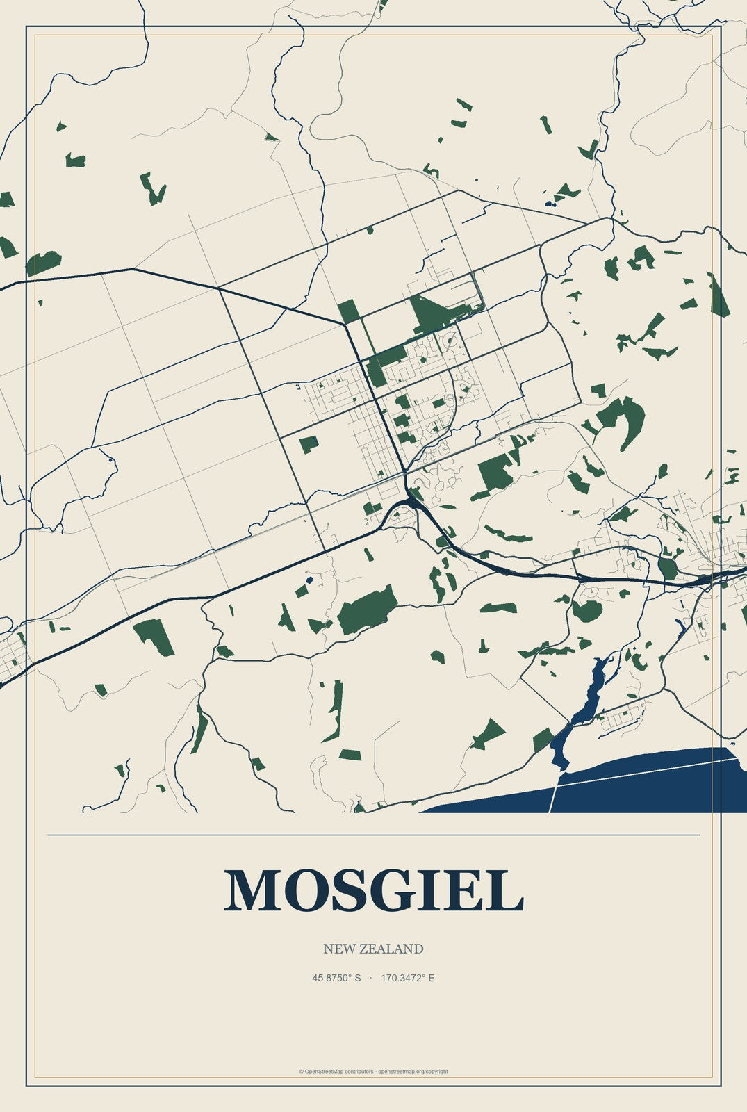 Mosgiel, New Zealand City Map Aluminum Sign in Coastal Cutout style