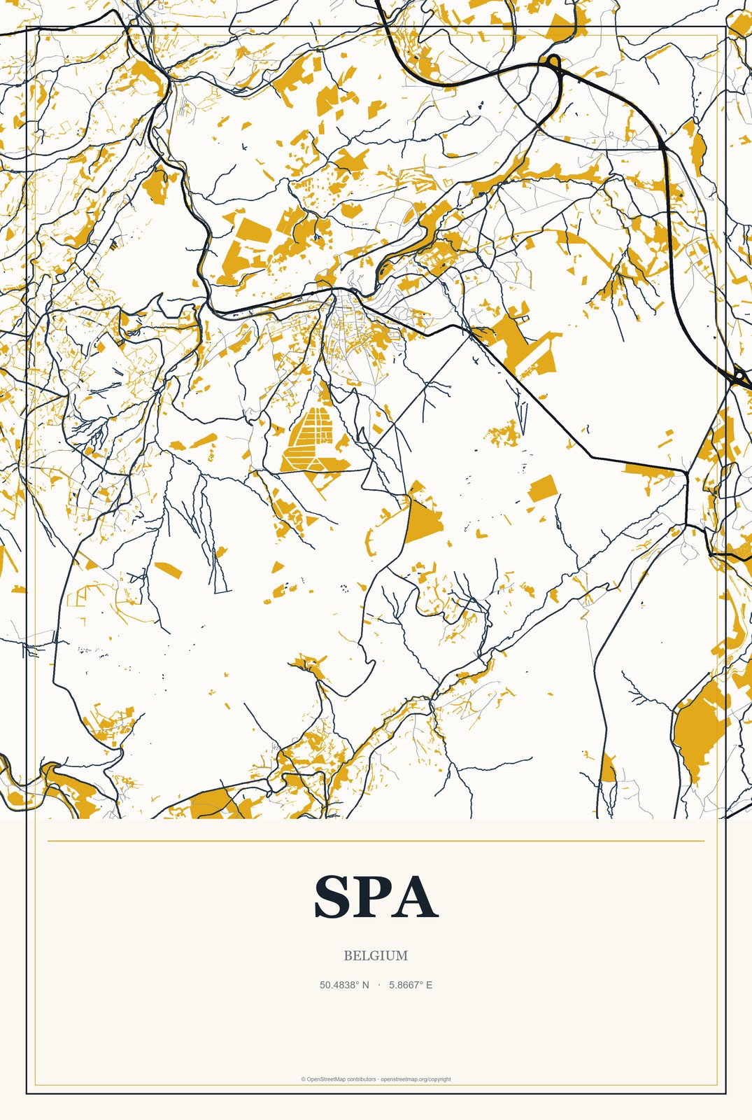 Spa, Belgium City Map Aluminum Sign in Citrine Modern style