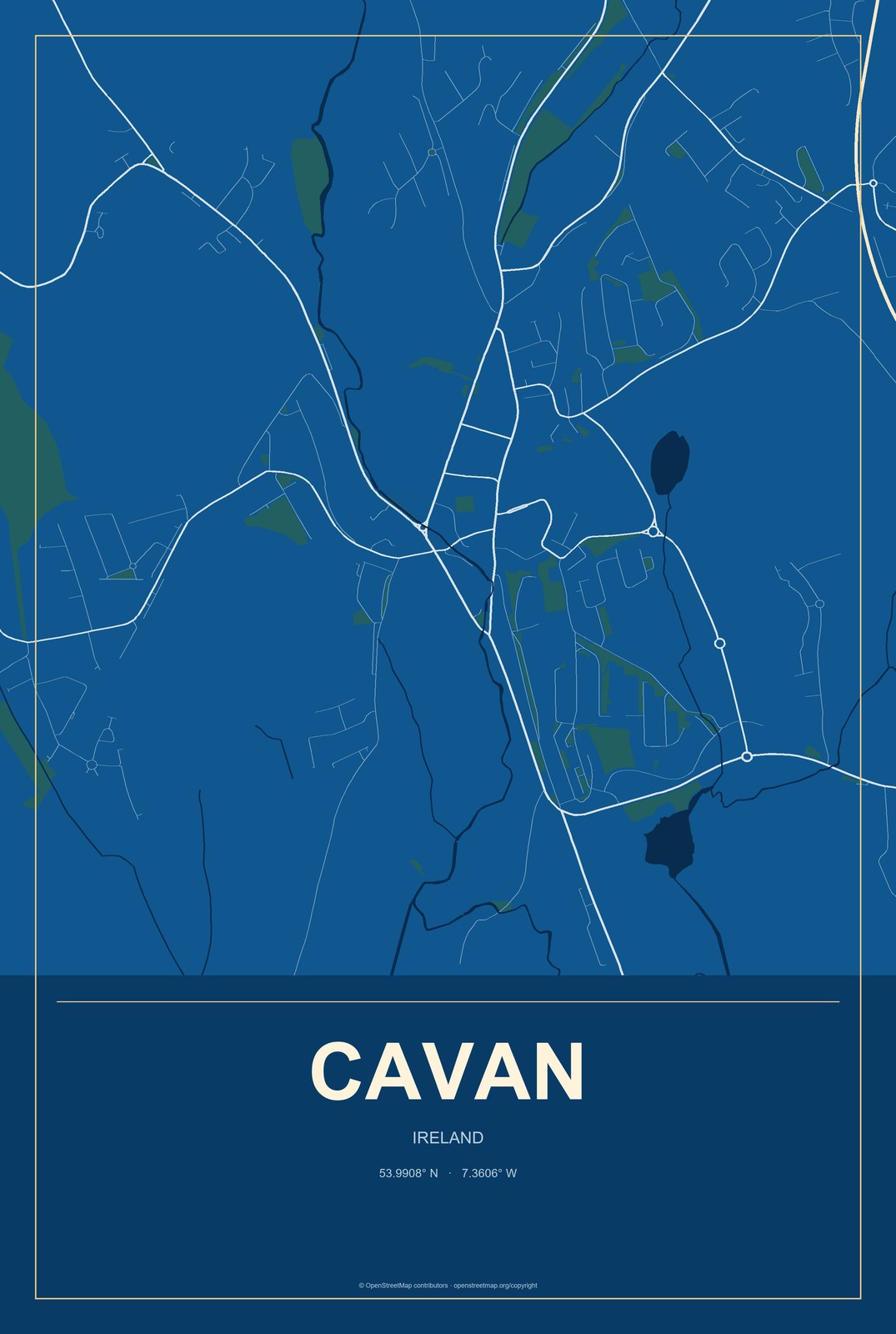 Cavan, Ireland City Map Aluminum Sign in Harbor Cobalt style