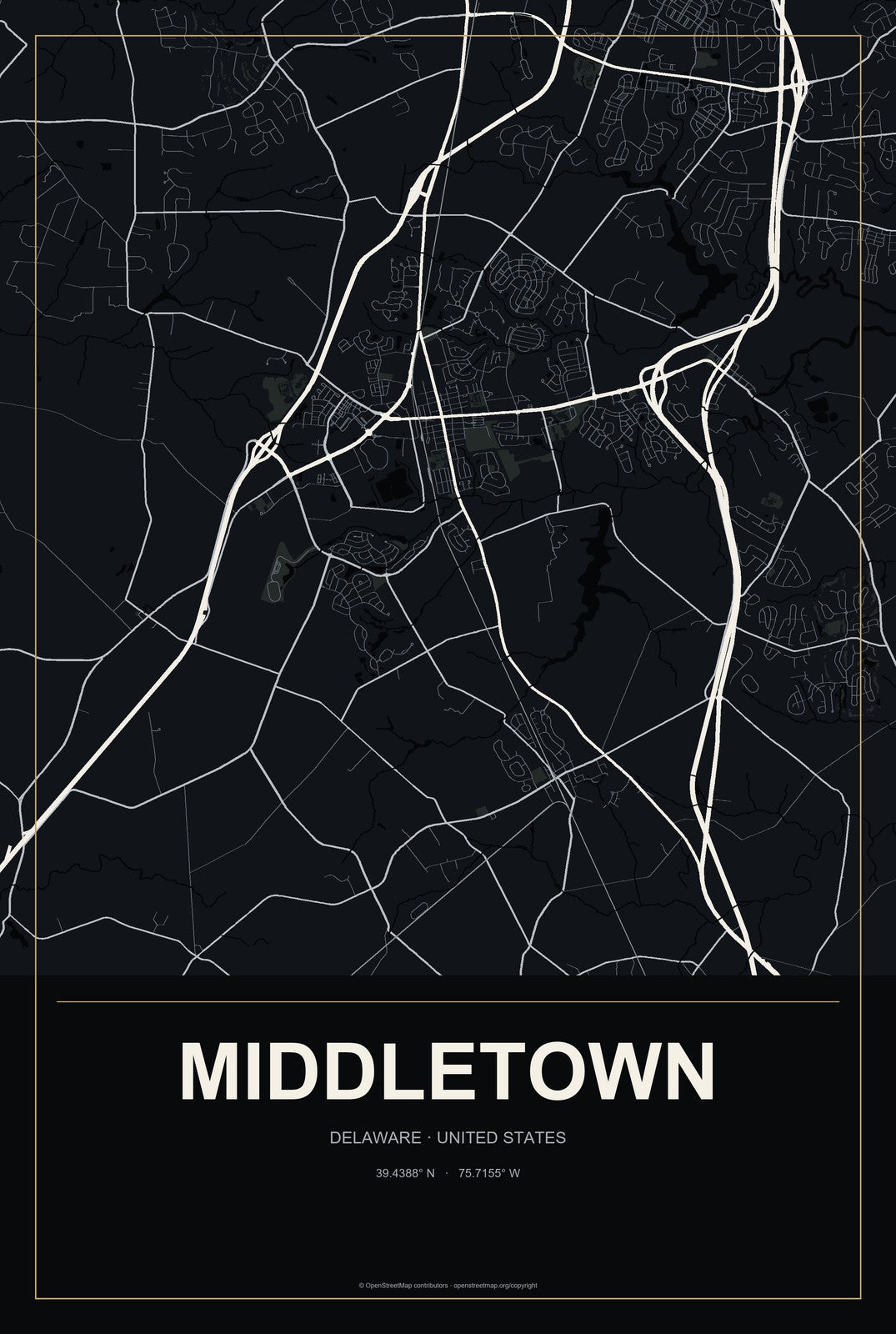 Middletown, Delaware City Map Aluminum Sign in Metropolitan Noir style