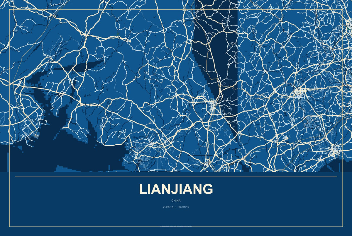 Lianjiang, China City Map Aluminum Sign in Harbor Cobalt style