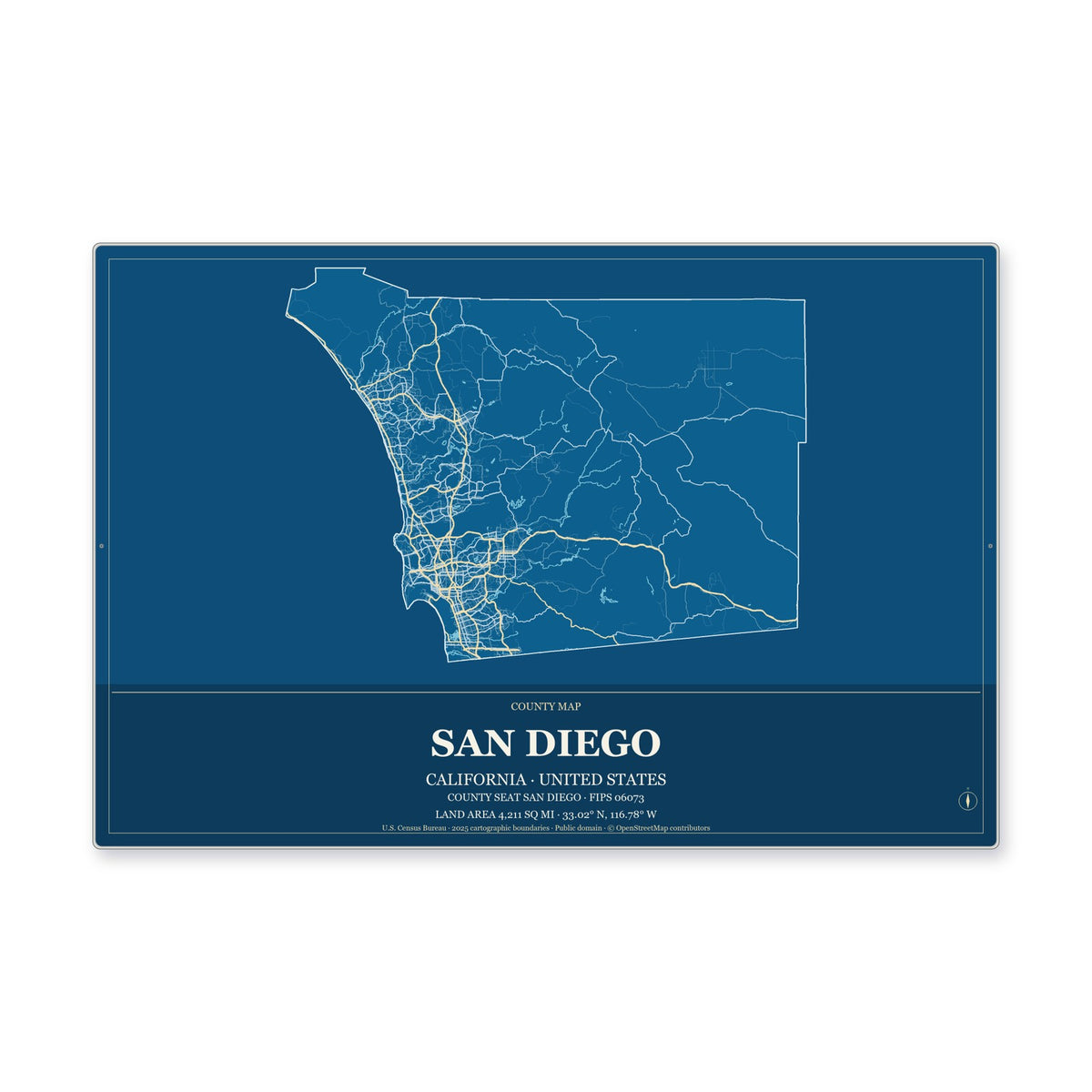 San Diego County, California Map Aluminum Sign in Harbor Cobalt style