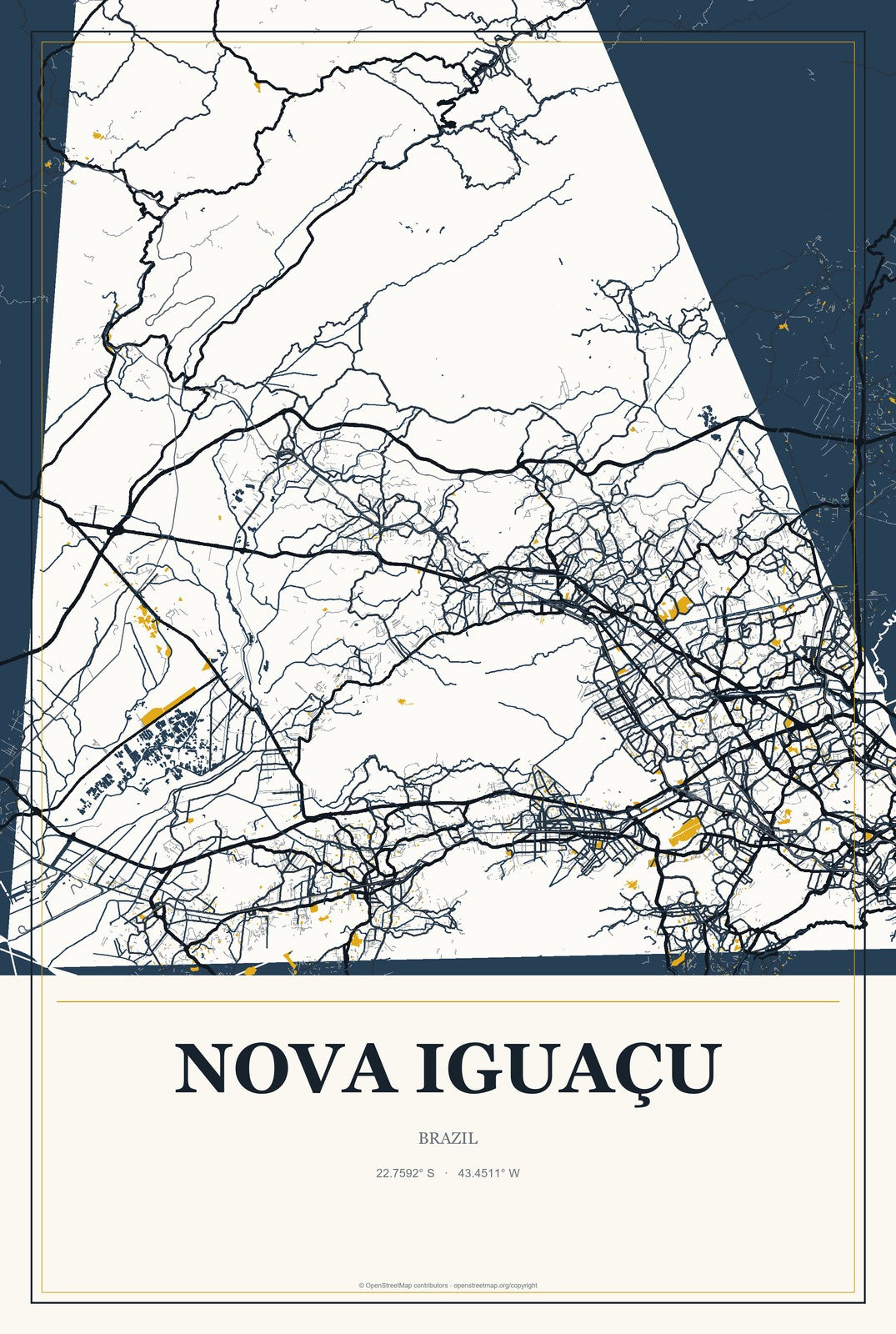 Nova Iguaçu, Brazil City Map Aluminum Sign in Citrine Modern style