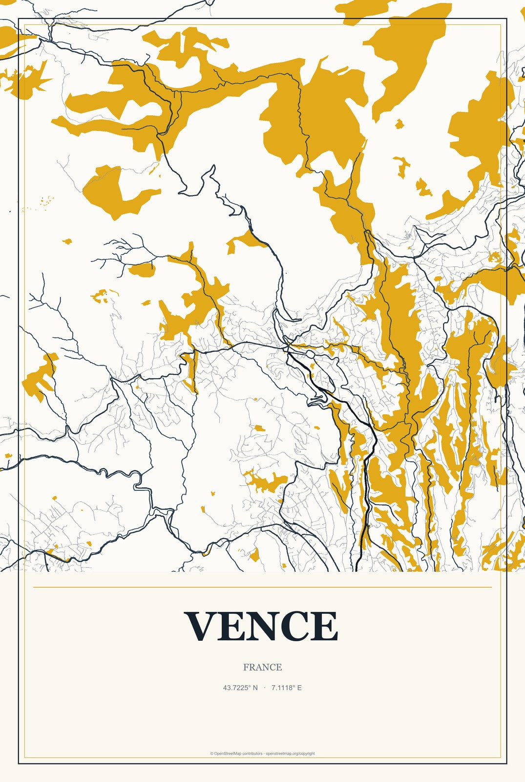 Vence, France City Map Aluminum Sign in Citrine Modern style