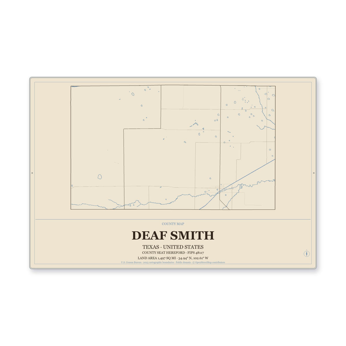 Deaf Smith County, Texas Map Aluminum Sign in Heritage Nautical style