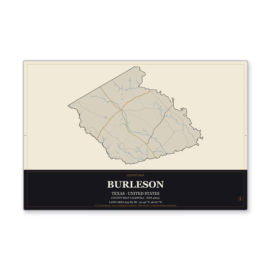 Burleson County, Texas Map Aluminum Sign in Museum Plaque style