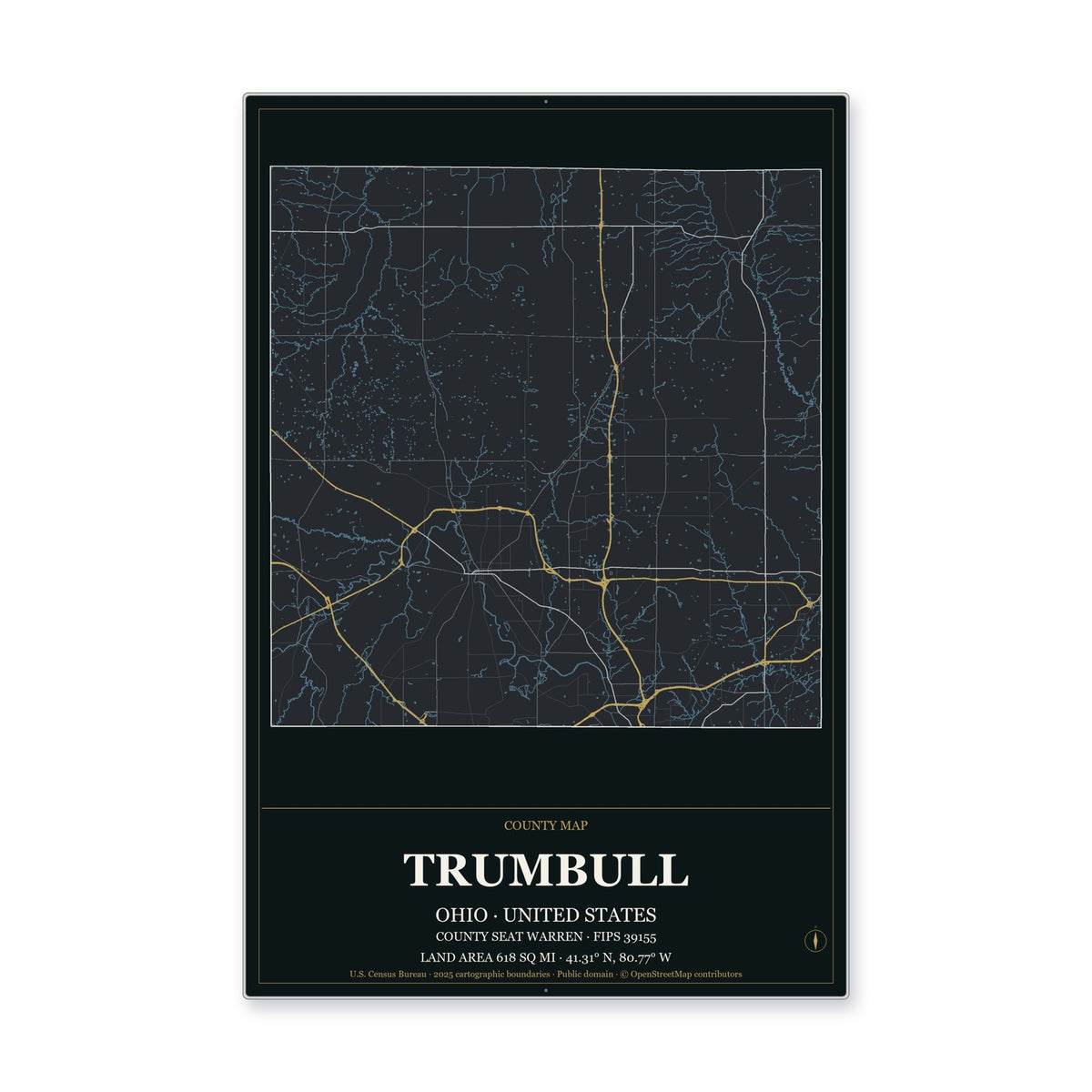 Trumbull County, Ohio Map Aluminum Sign in Metropolitan Noir style