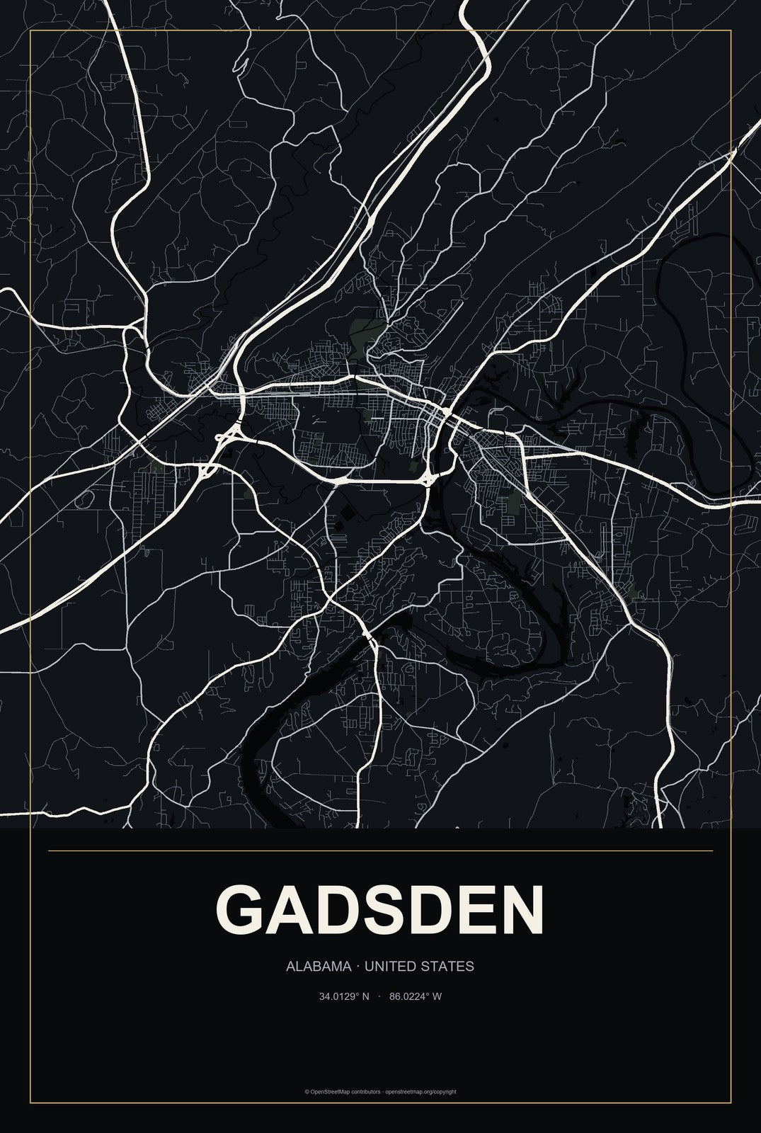 Gadsden, Alabama City Map Aluminum Sign in Metropolitan Noir style