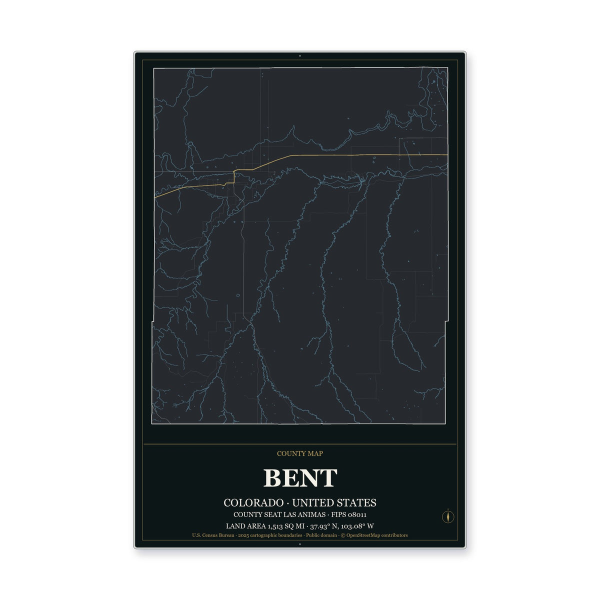 Bent County, Colorado Map Aluminum Sign in Metropolitan Noir style