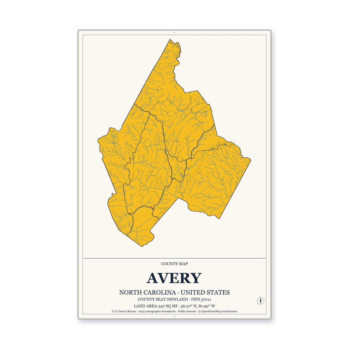 Avery County, North Carolina Map Aluminum Sign in Citrine Modern style