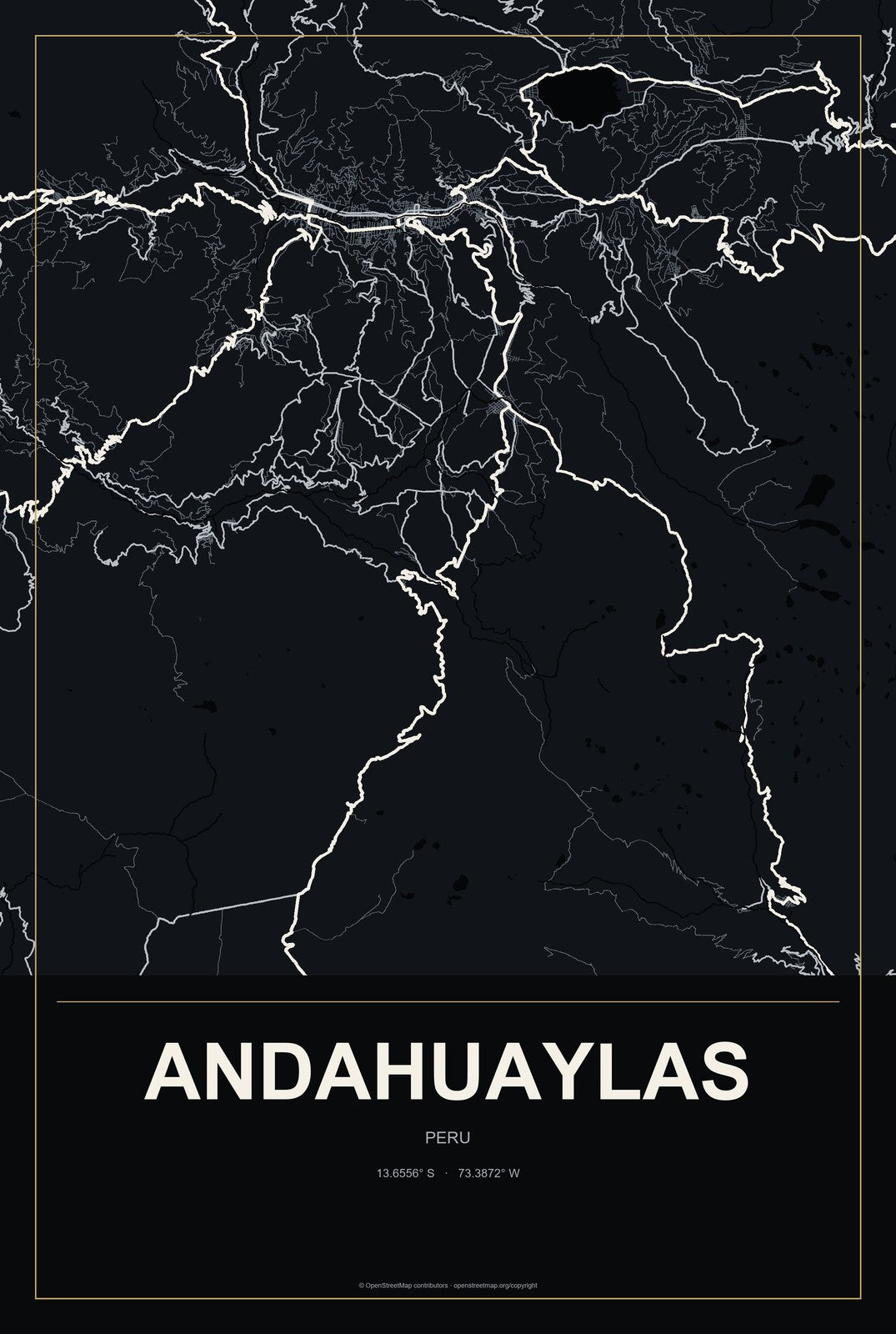 Andahuaylas, Peru City Map Aluminum Sign in Metropolitan Noir style