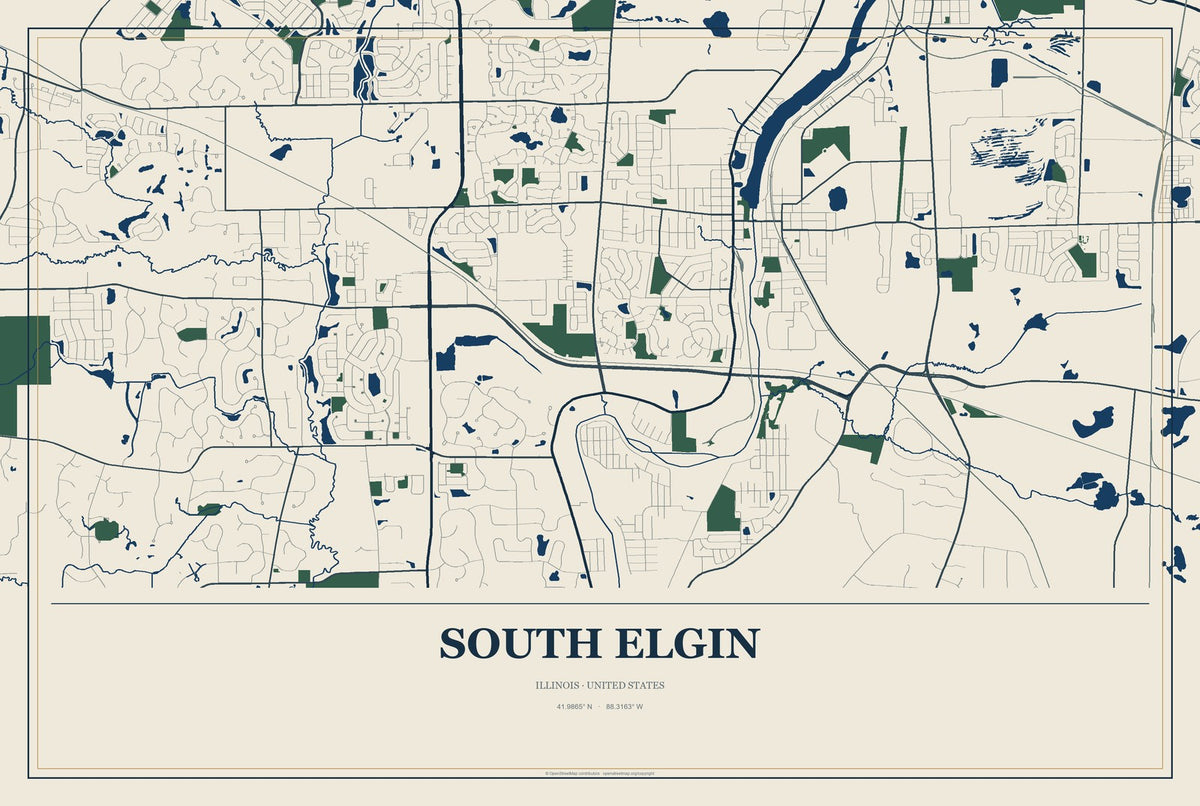 South Elgin, Illinois City Map Aluminum Sign in Coastal Cutout style