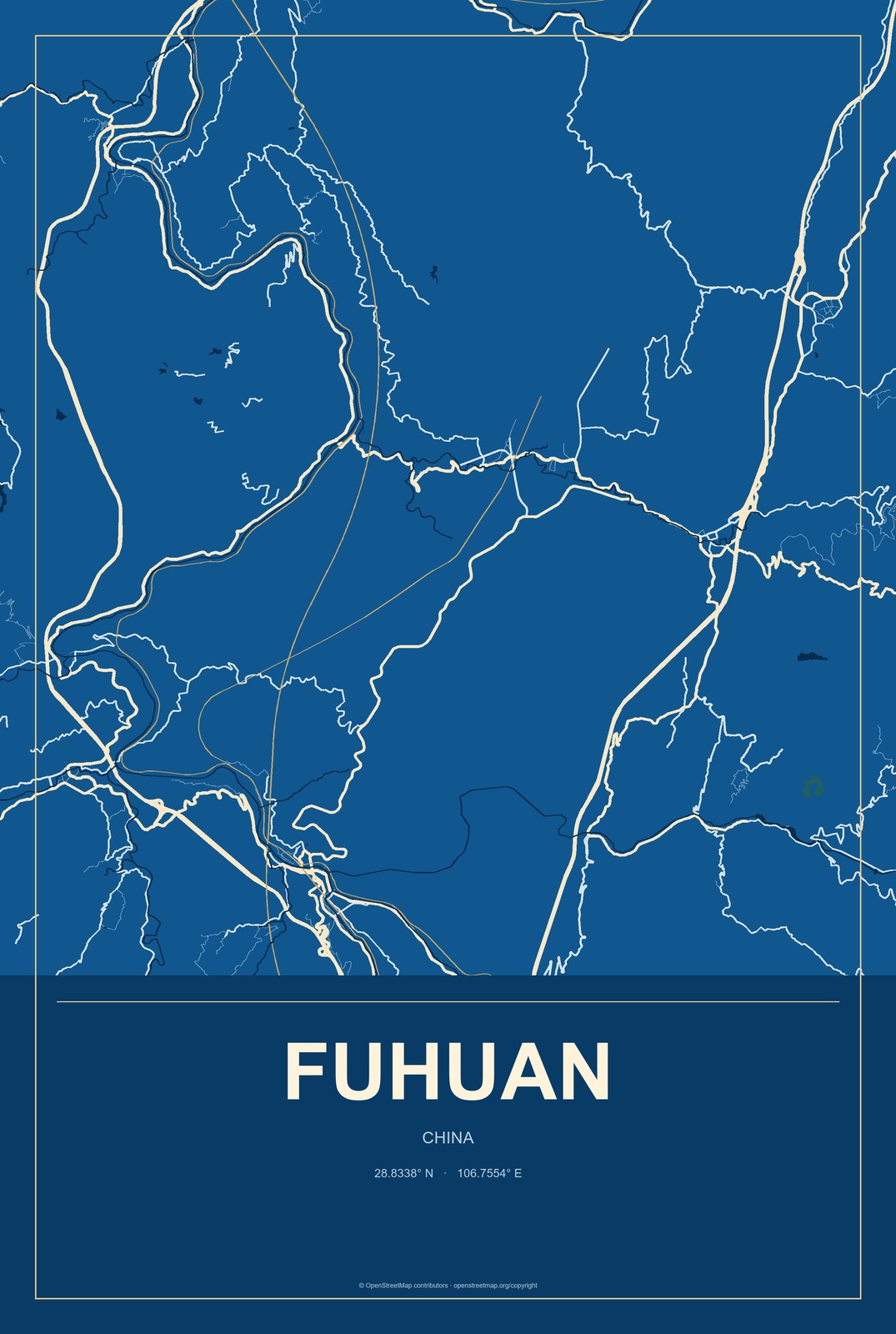 Fuhuan, China City Map Aluminum Sign in Harbor Cobalt style