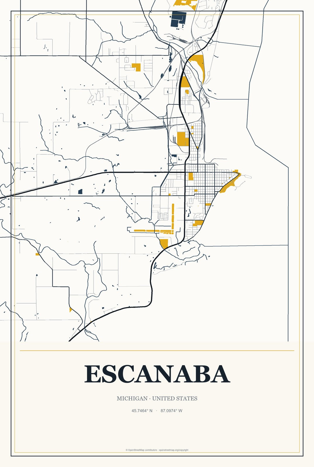 Escanaba, Michigan City Map Aluminum Sign in Citrine Modern style