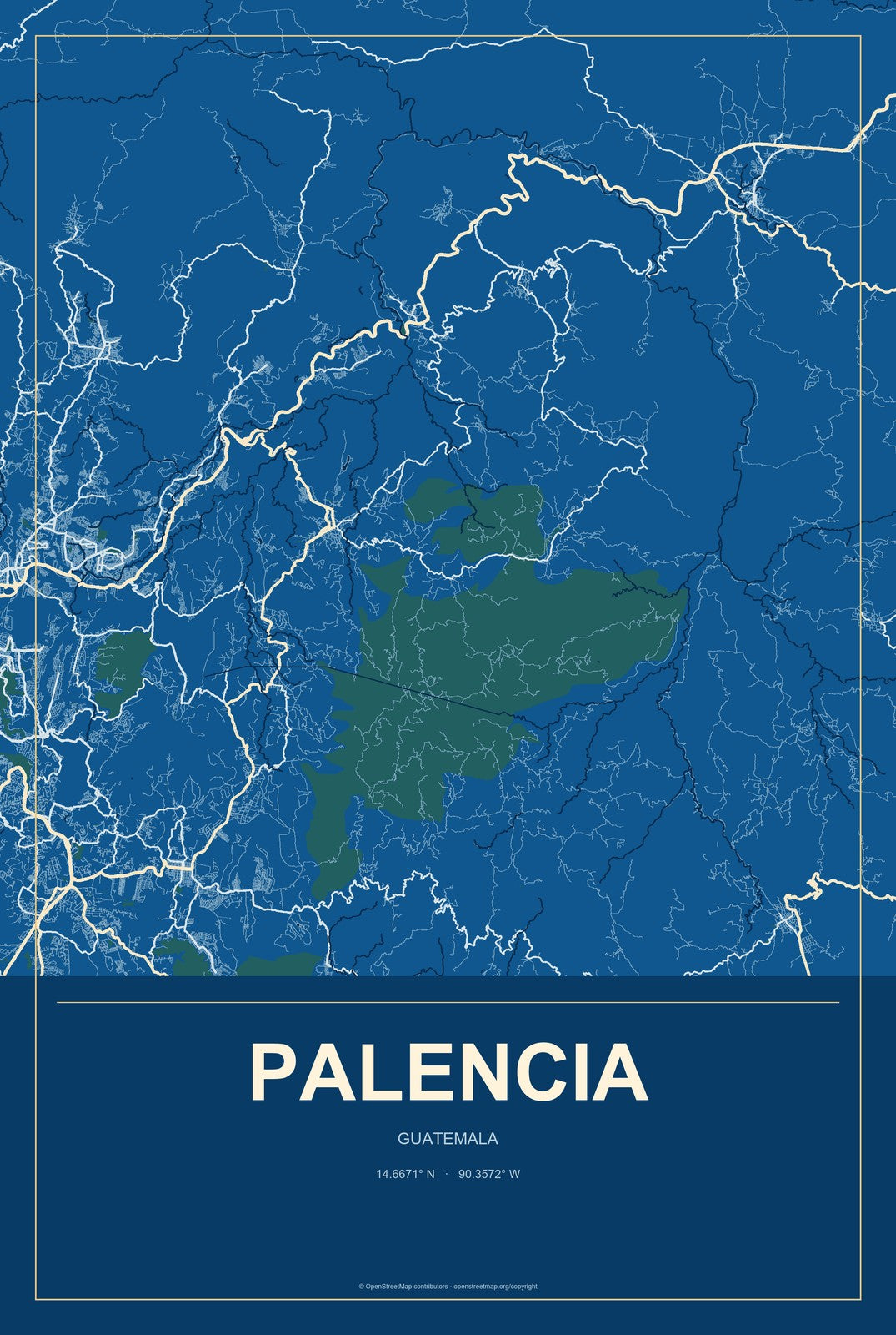 Palencia, Guatemala City Map Aluminum Sign in Harbor Cobalt style