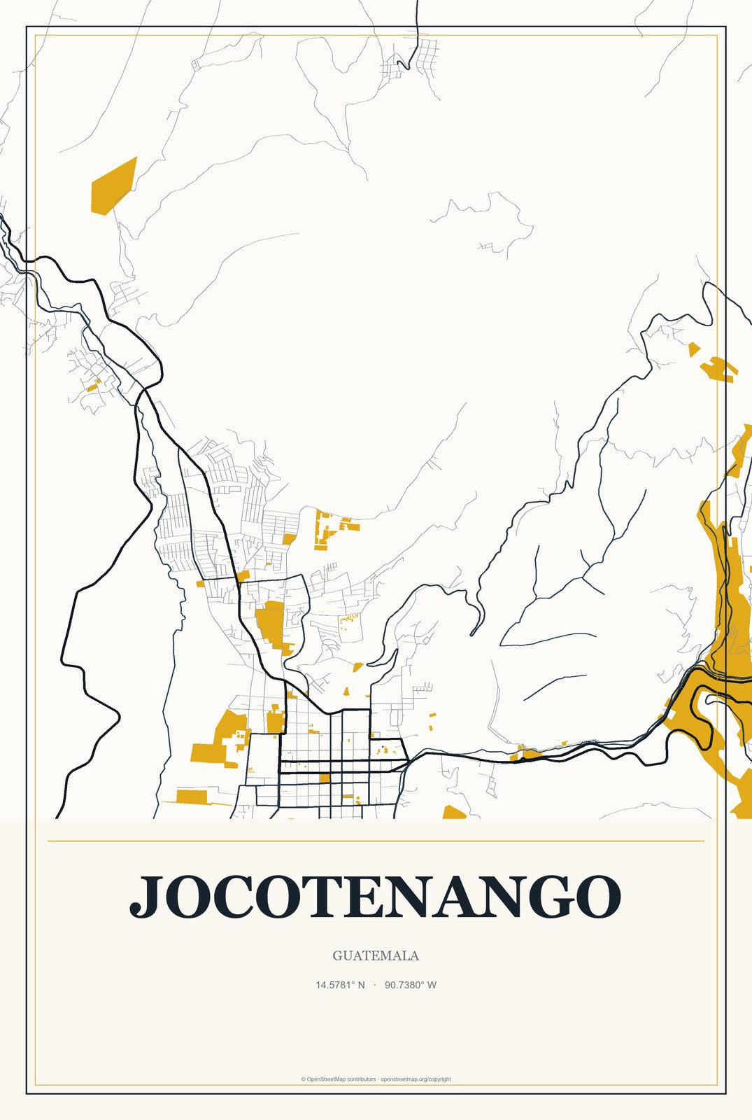 Jocotenango, Guatemala City Map Aluminum Sign in Citrine Modern style