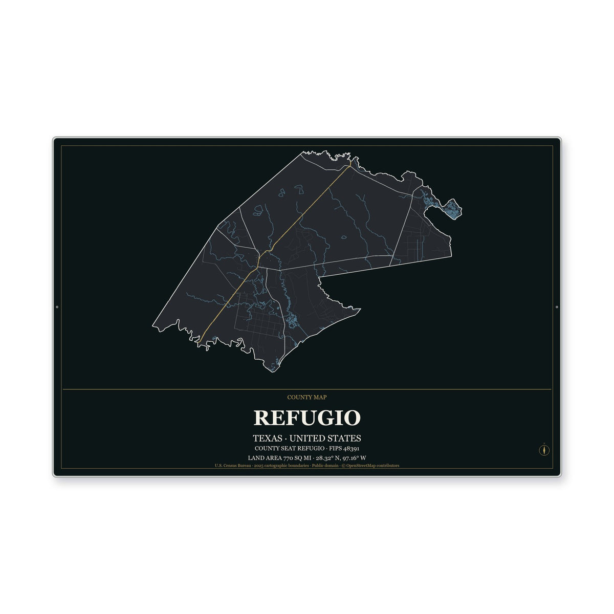 Refugio County, Texas Map Aluminum Sign in Metropolitan Noir style