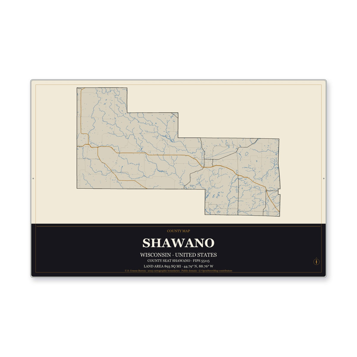 Shawano County, Wisconsin Map Aluminum Sign in Museum Plaque style