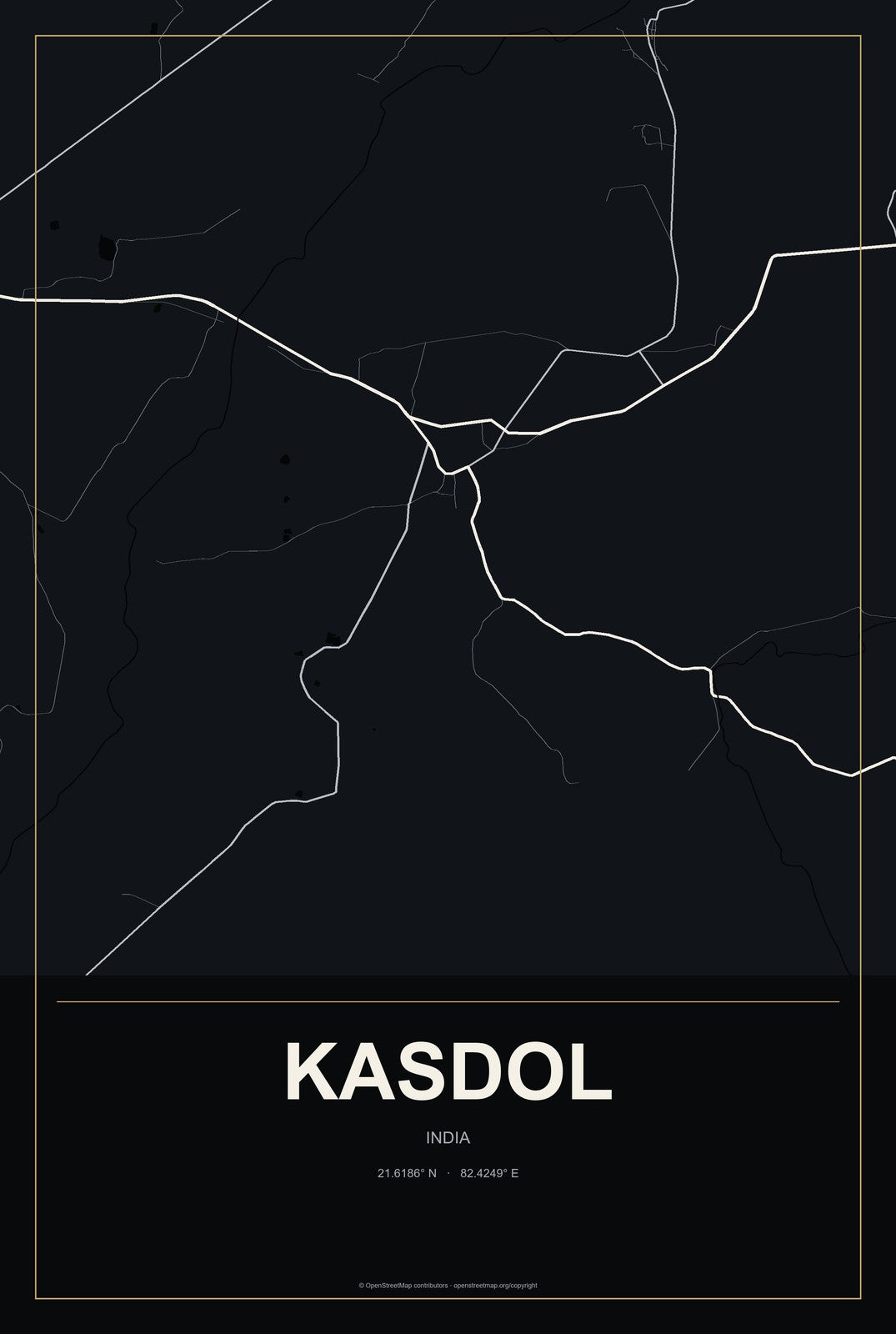 Kasdol, India City Map Aluminum Sign in Metropolitan Noir style