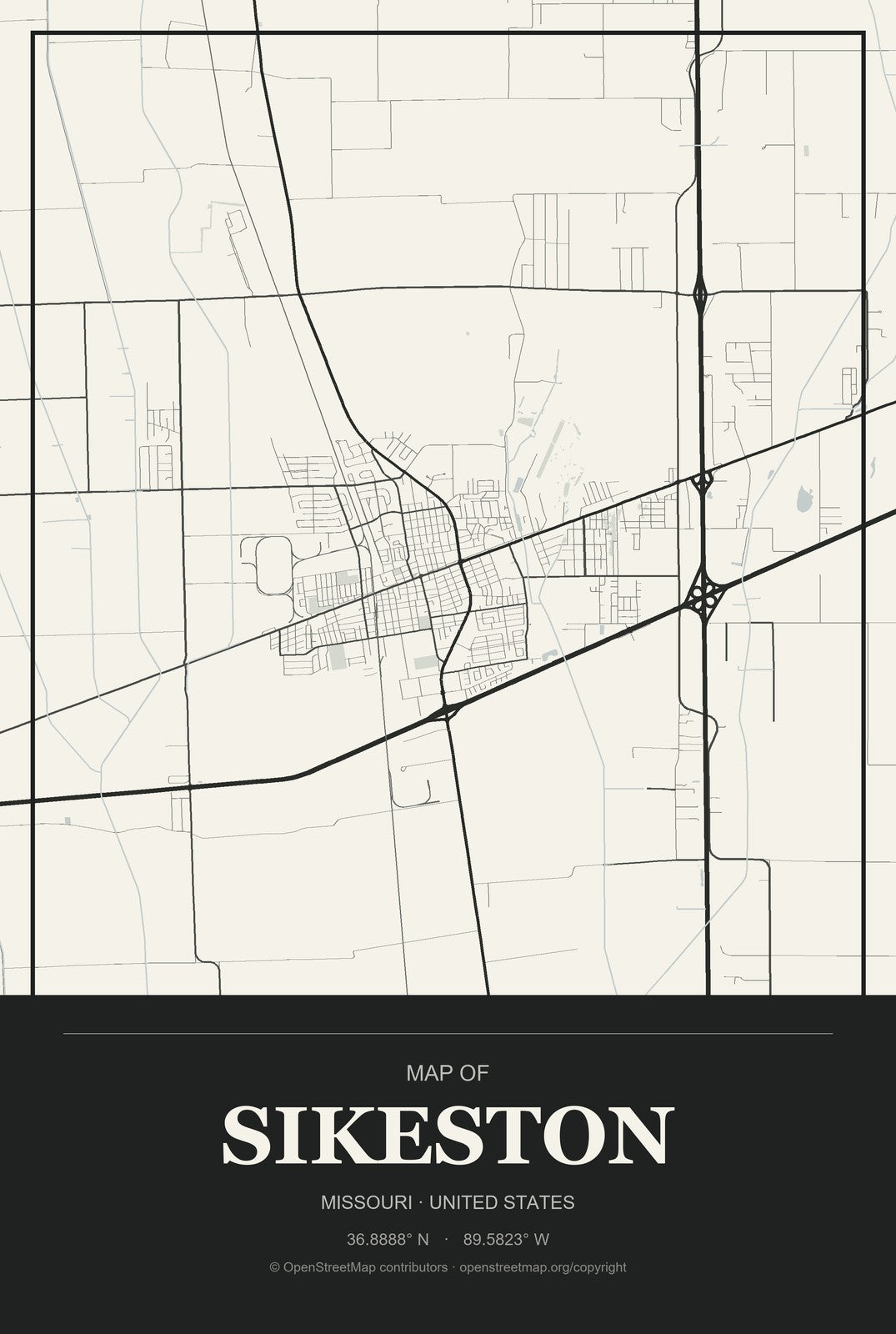 Sikeston, Missouri City Map Aluminum Sign in Museum Plaque style