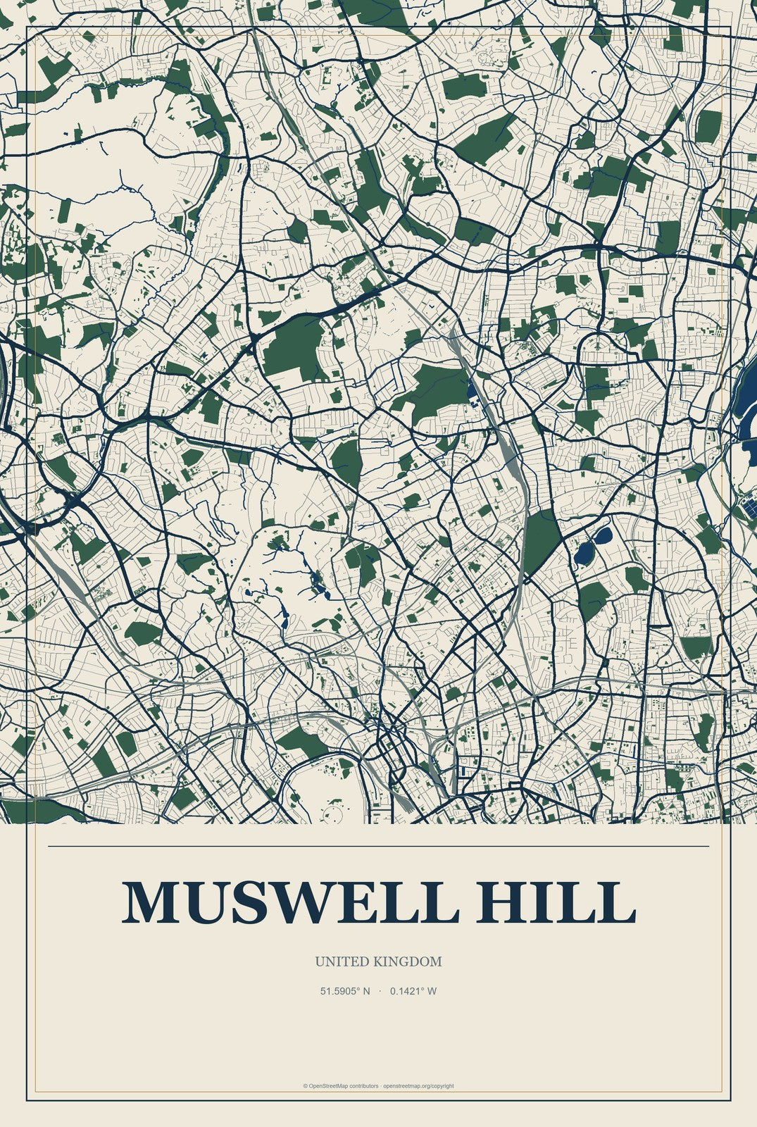 Muswell Hill, United Kingdom City Map Aluminum Sign in Coastal Cutout style