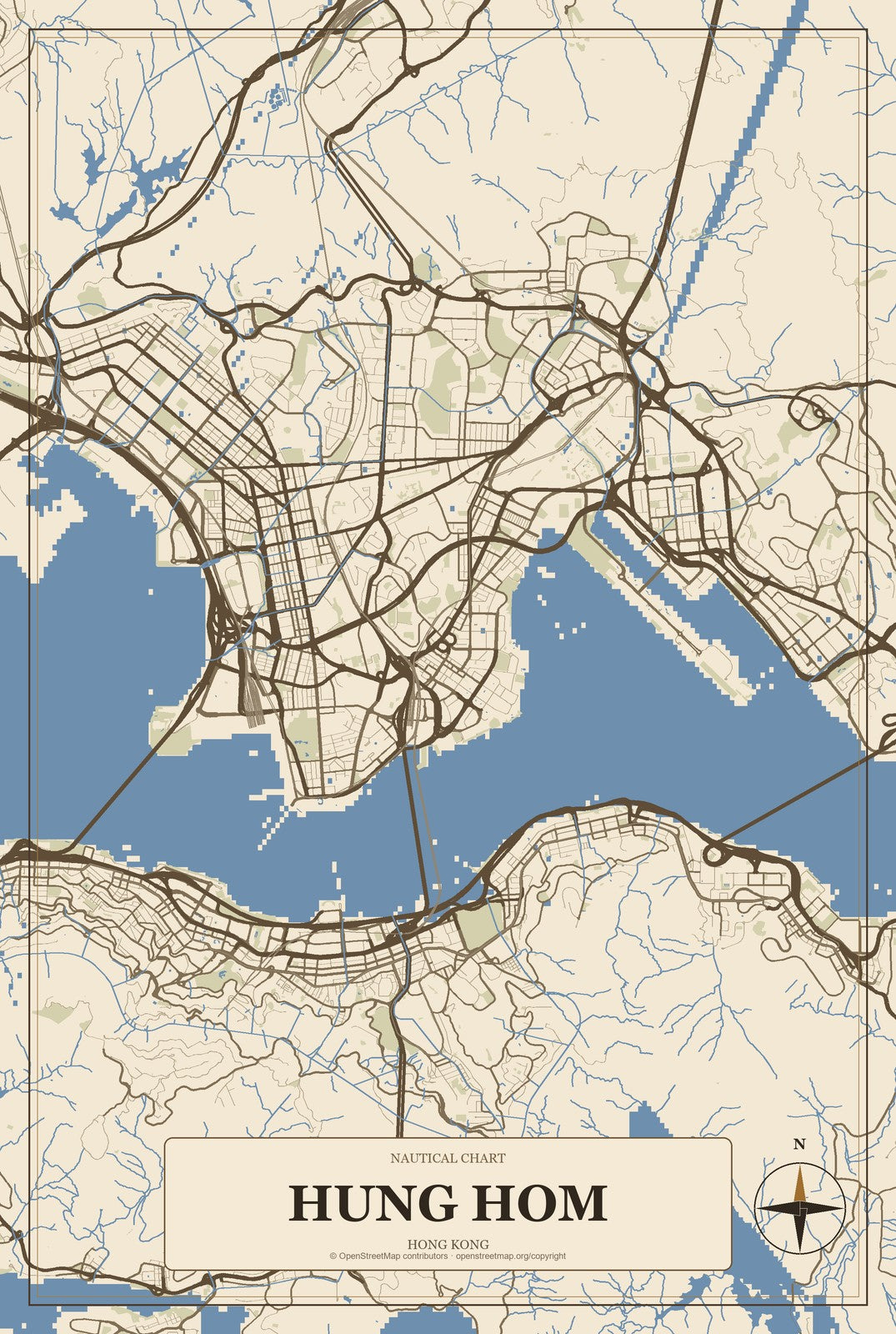 Hung Hom, Hong Kong City Map Aluminum Sign in Heritage Nautical style