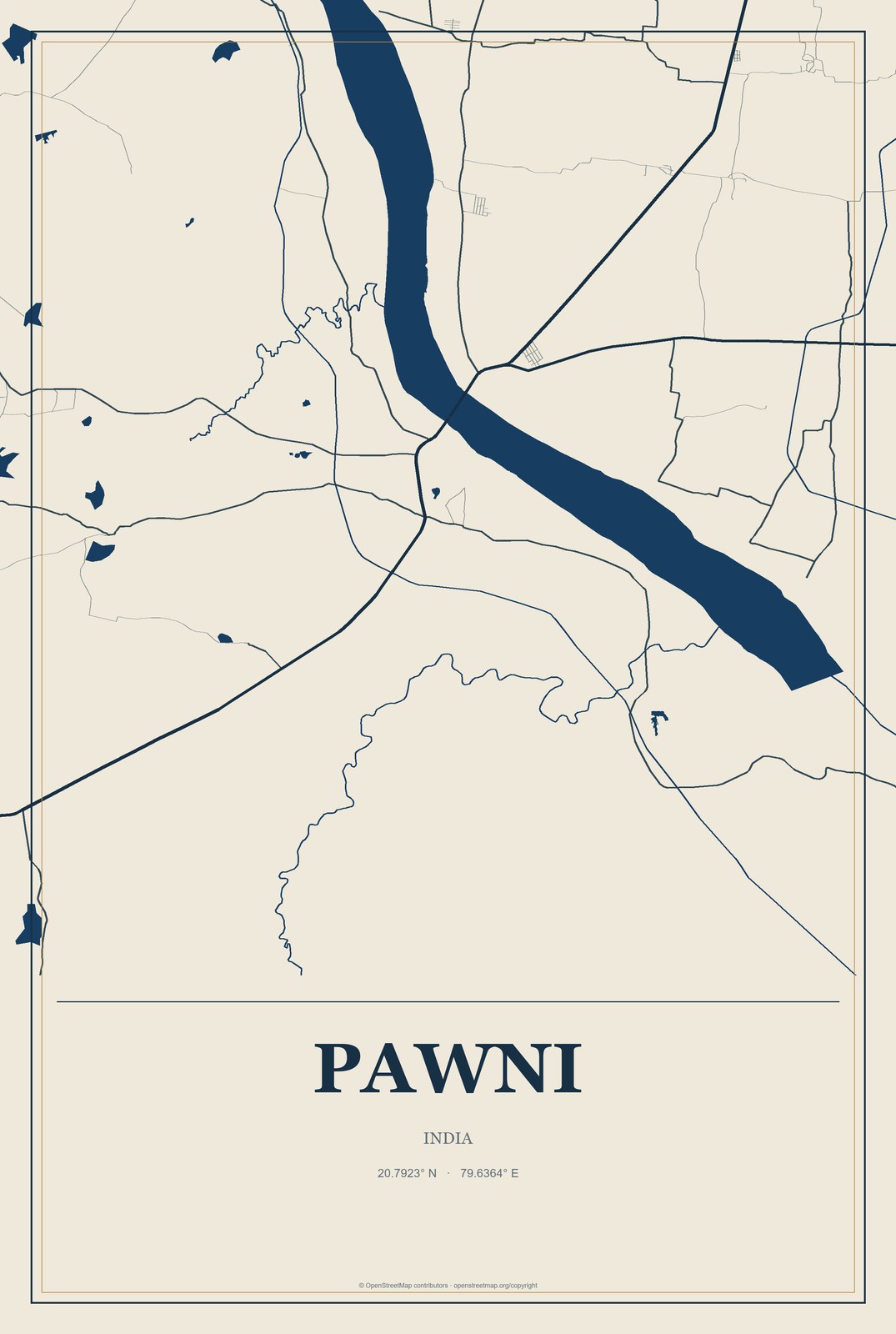 Pawni, India City Map Aluminum Sign in Coastal Cutout style