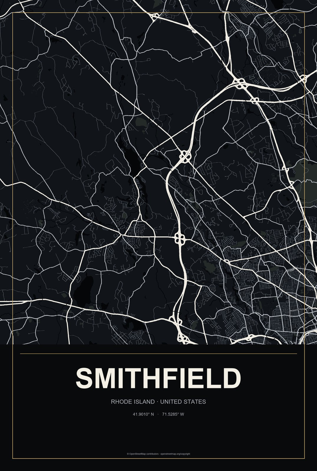 Smithfield, Rhode Island City Map Aluminum Sign in Metropolitan Noir style