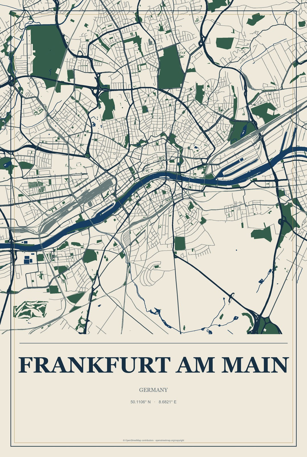 Frankfurt am Main, Germany City Map Aluminum Sign in Coastal Cutout style