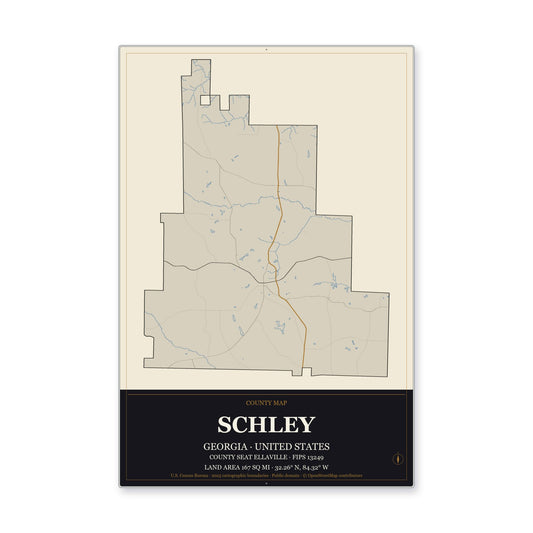 Schley County, Georgia Map Aluminum Sign in Museum Plaque style