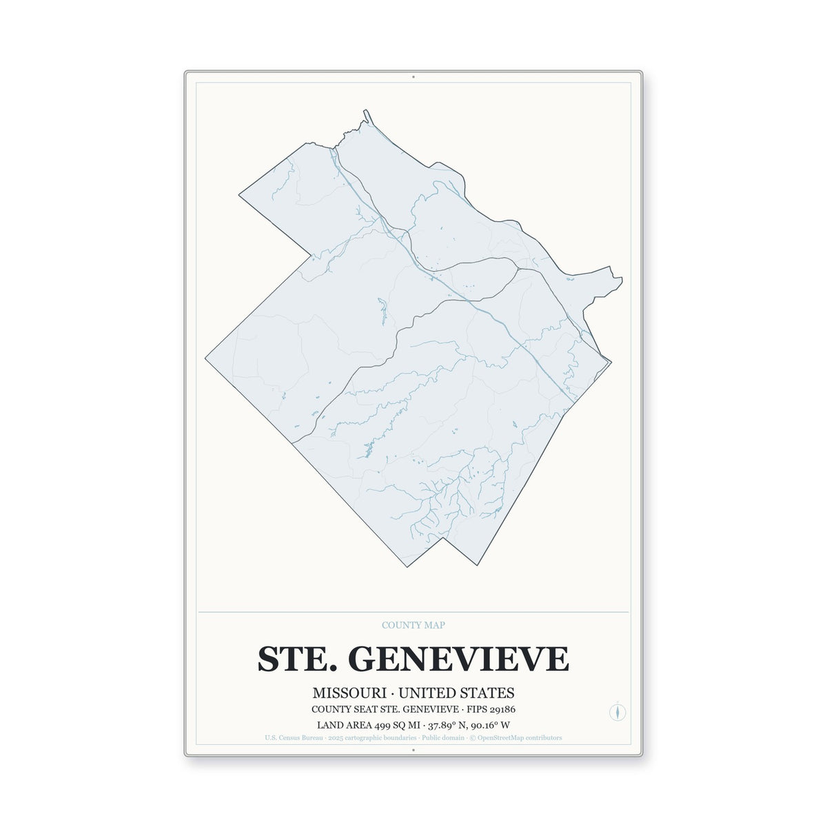 Ste. Genevieve County, Missouri Map Aluminum Sign in Gallery Air style