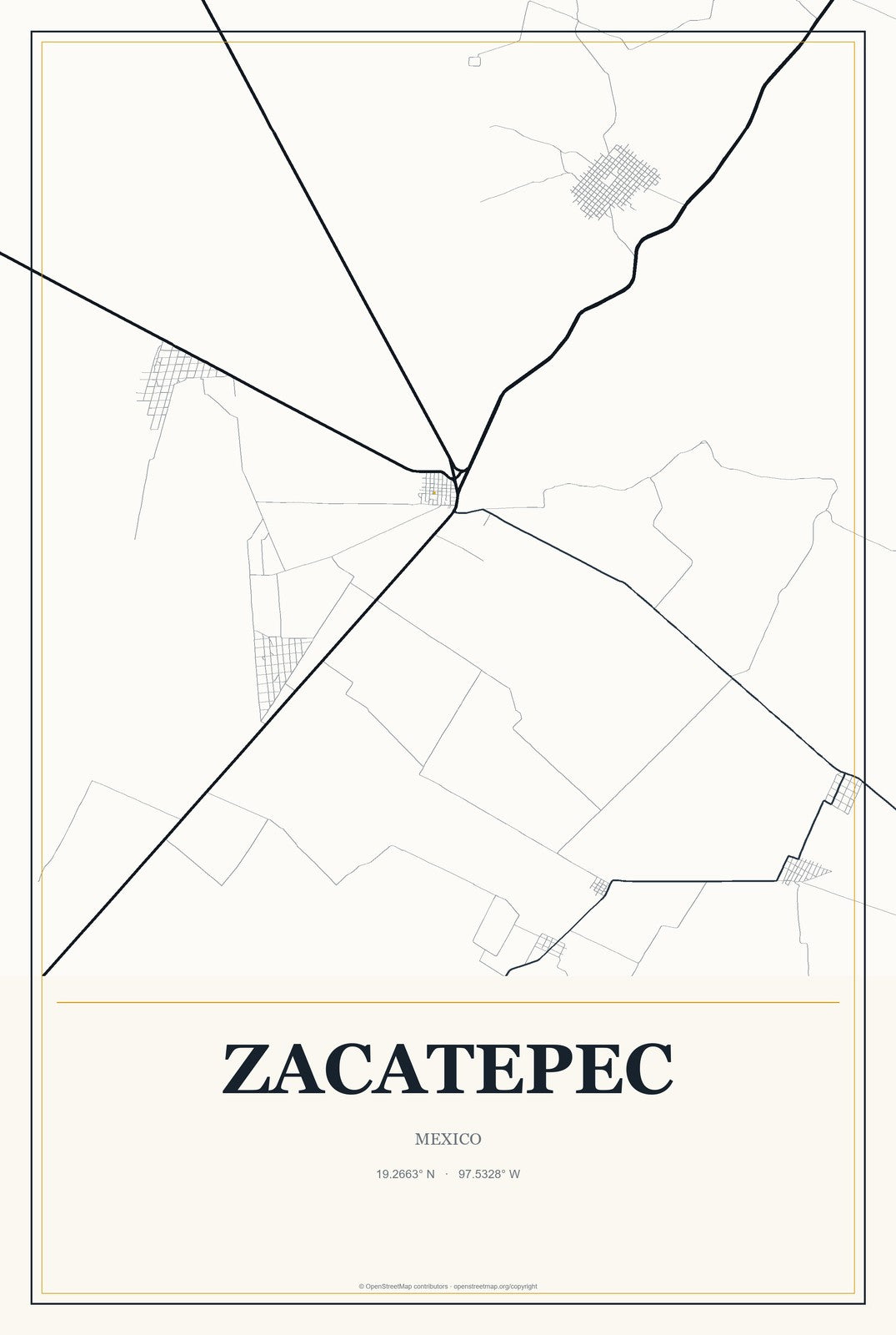 Zacatepec, Mexico City Map Aluminum Sign in Citrine Modern style