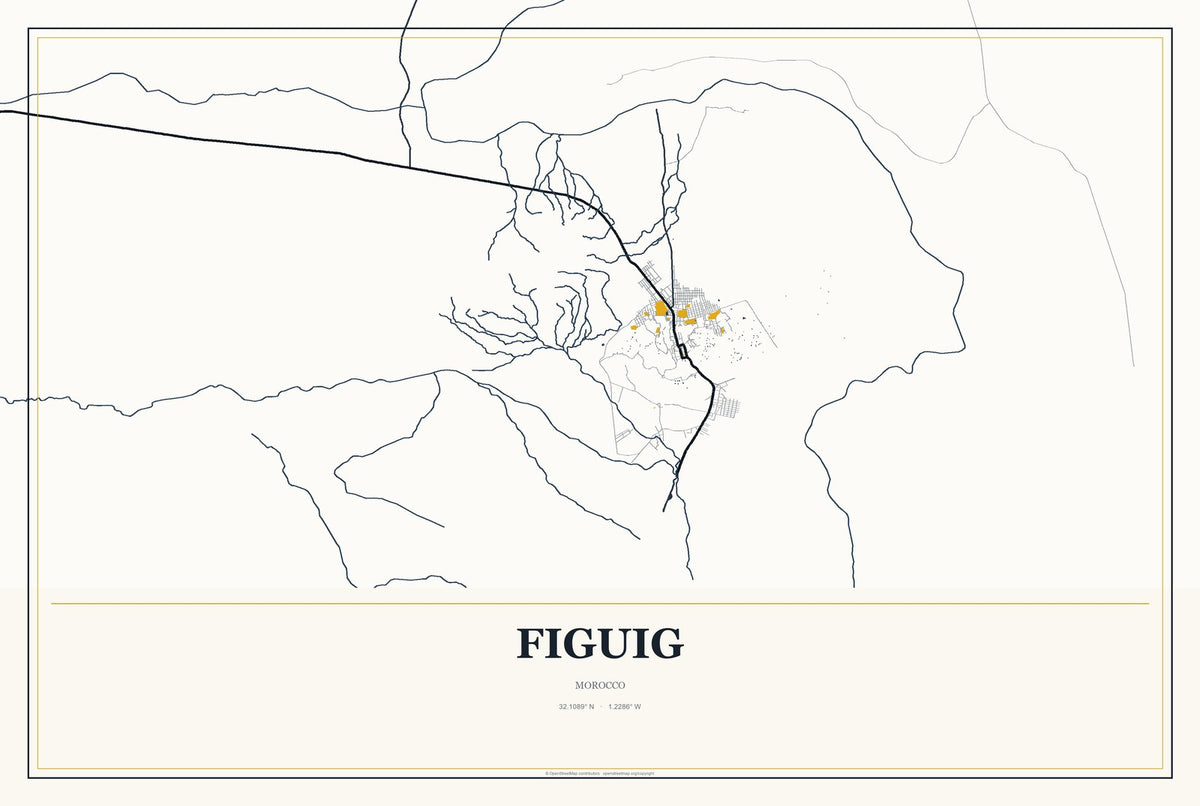 Figuig, Morocco City Map Aluminum Sign in Citrine Modern style
