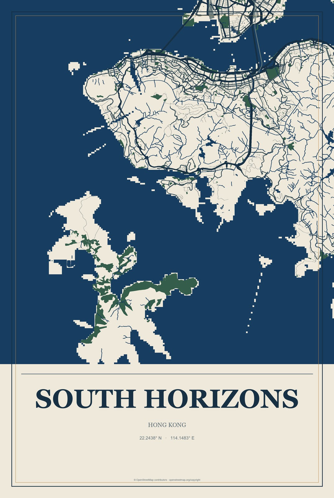 South Horizons, Hong Kong City Map Aluminum Sign in Coastal Cutout style