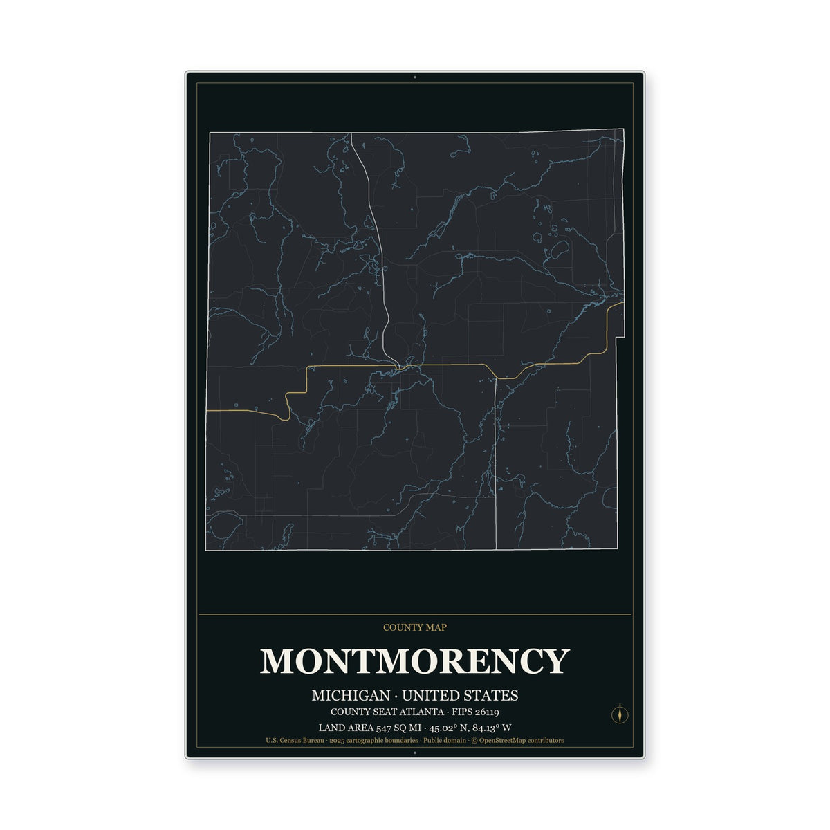 Montmorency County, Michigan Map Aluminum Sign in Metropolitan Noir style