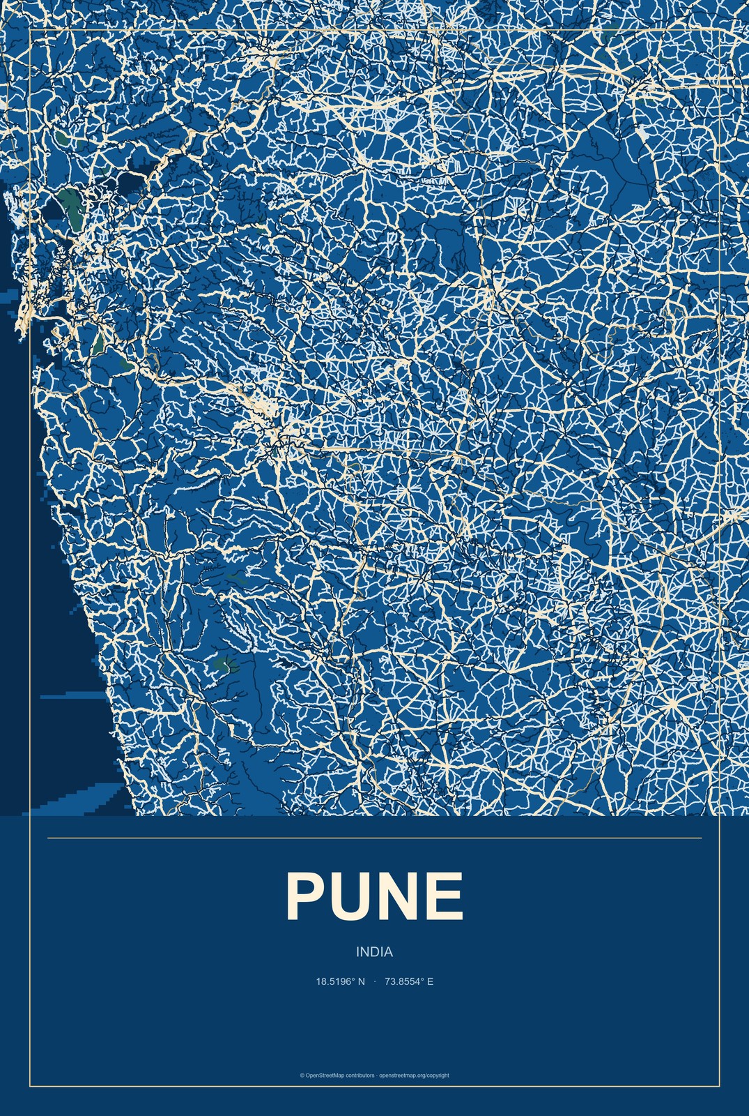 Pune, India City Map Aluminum Sign in Harbor Cobalt style