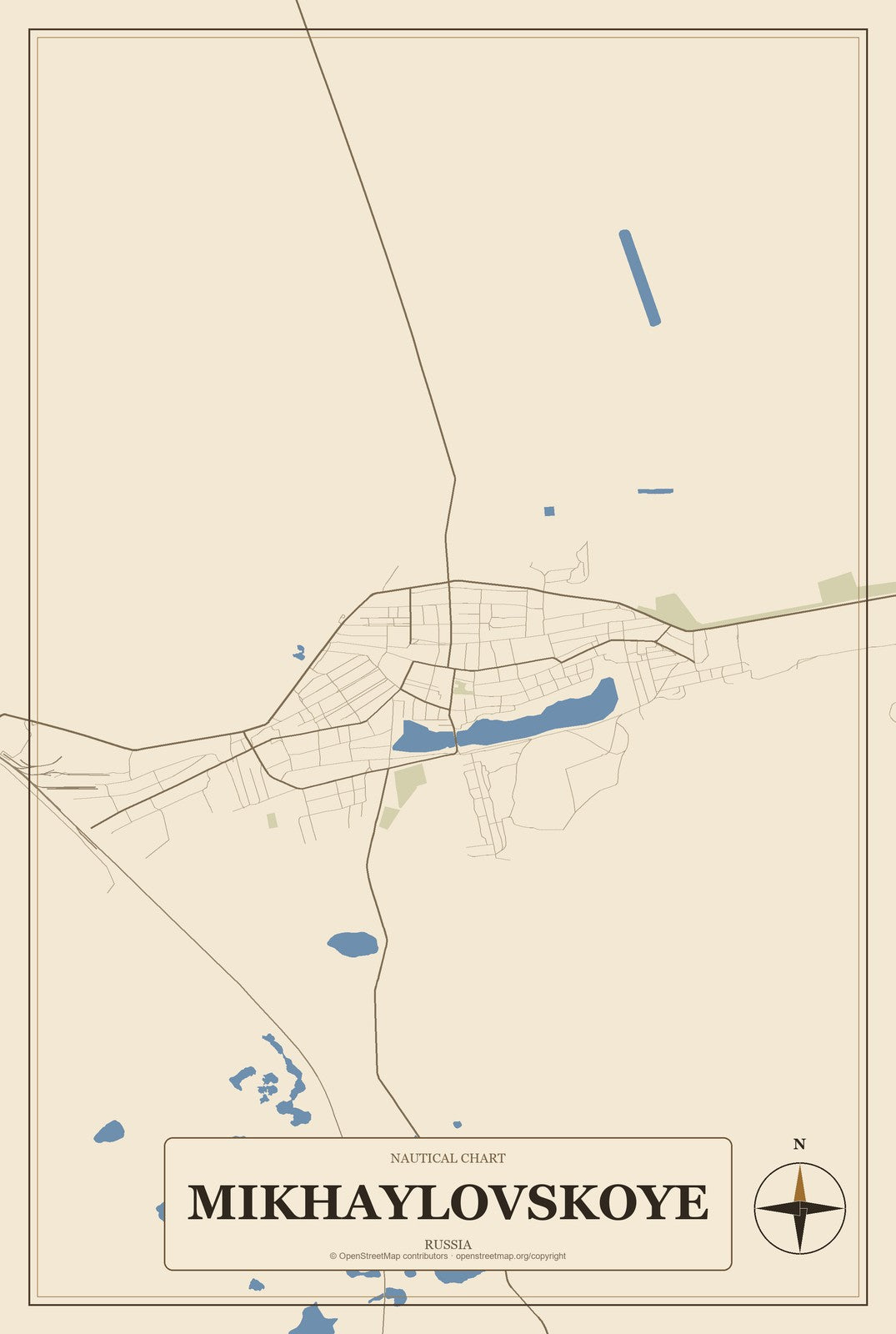 Mikhaylovskoye, North Ossetia–Alania, Russia City Map Aluminum Sign in Heritage Nautical style