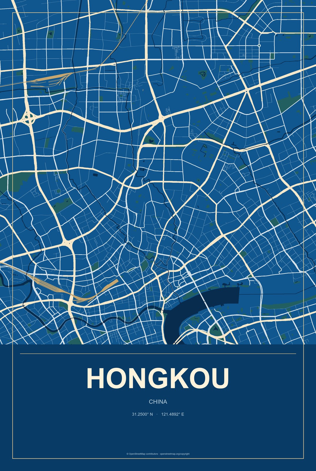 Hongkou, China City Map Aluminum Sign in Harbor Cobalt style