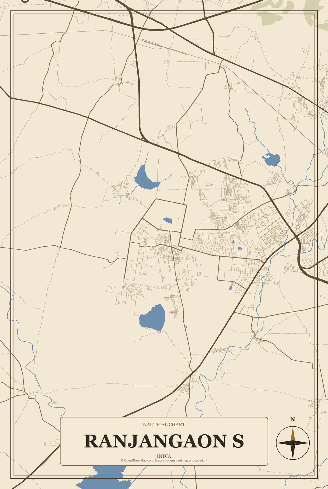 Ranjangaon S, India City Map Aluminum Sign in Heritage Nautical style