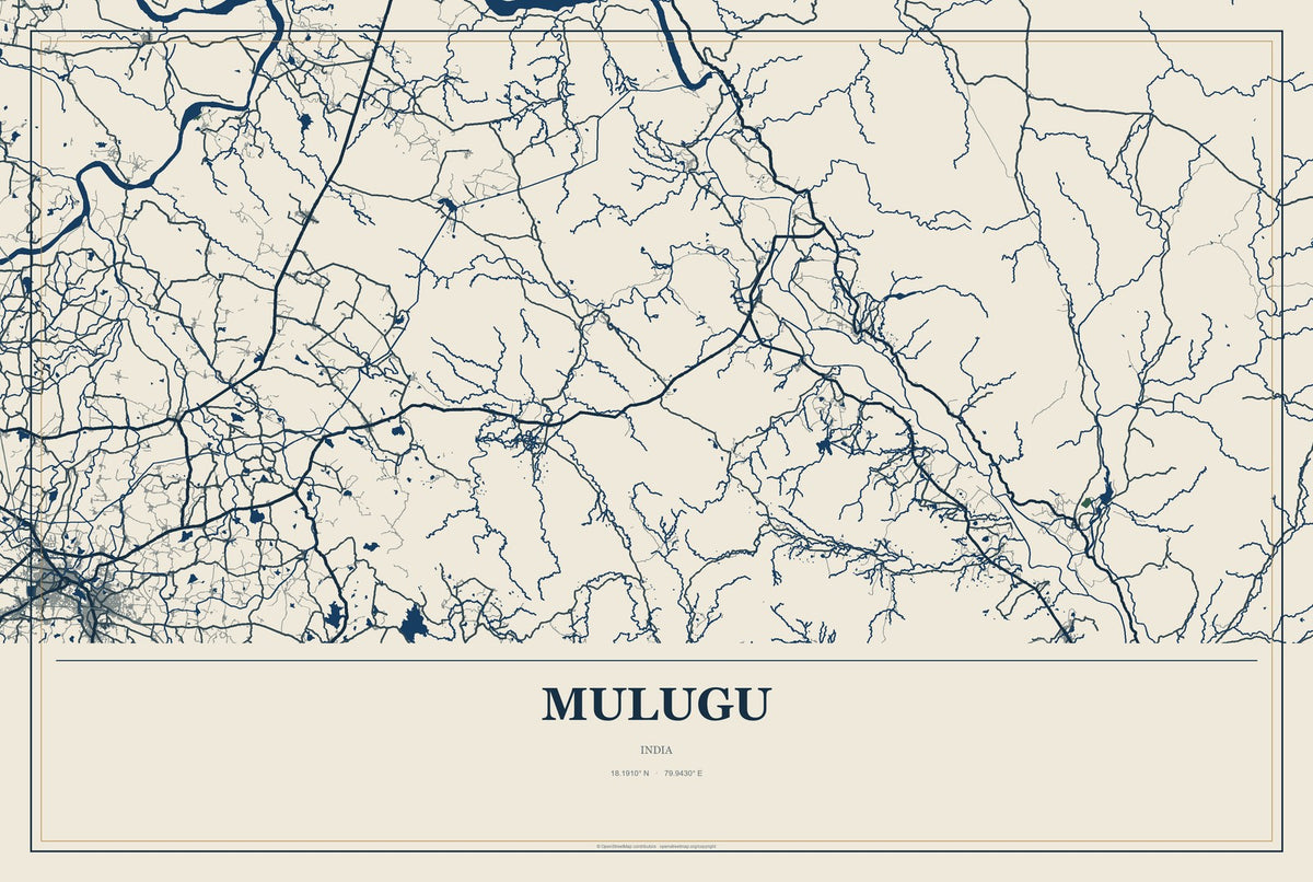 Mulugu, India City Map Aluminum Sign in Coastal Cutout style