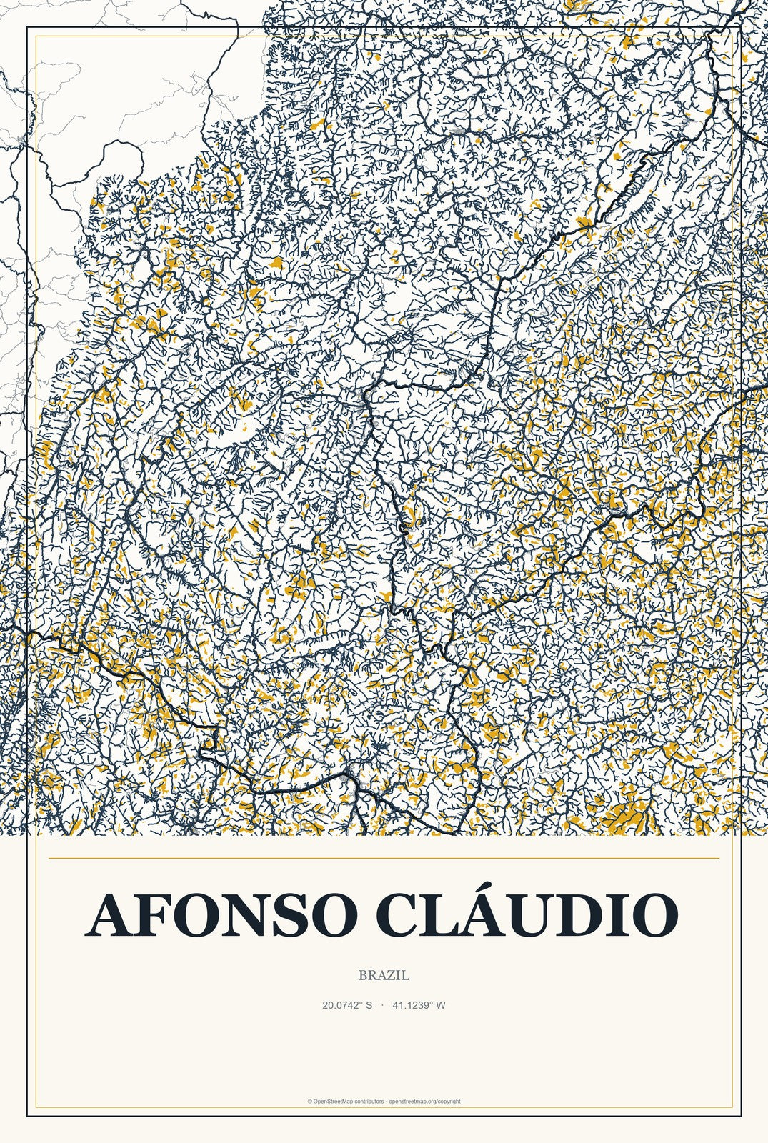 Afonso Cláudio, Brazil City Map Aluminum Sign in Citrine Modern style