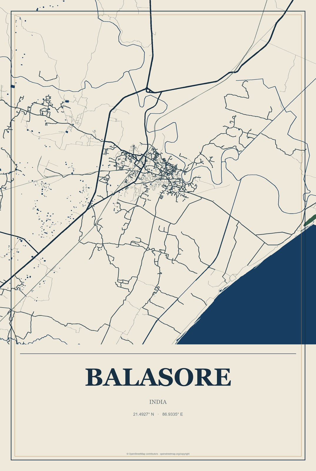 Balasore, India City Map Aluminum Sign in Coastal Cutout style