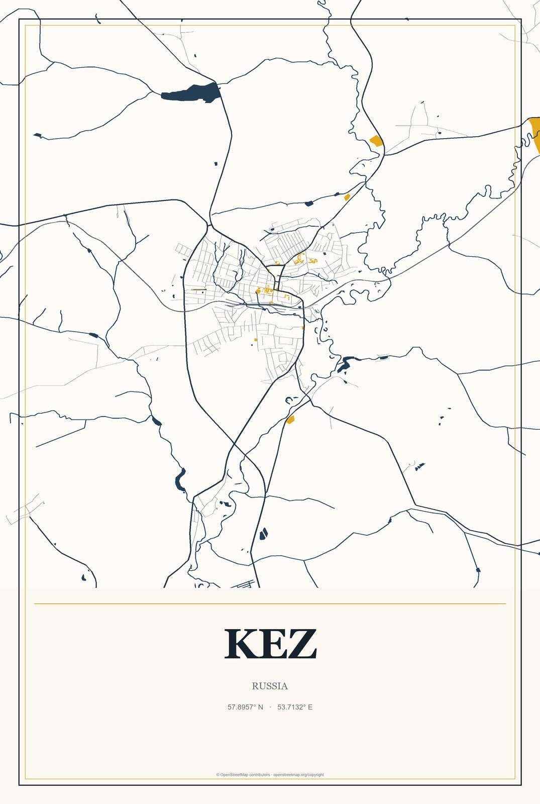 Kez, Russia City Map Aluminum Sign in Citrine Modern style