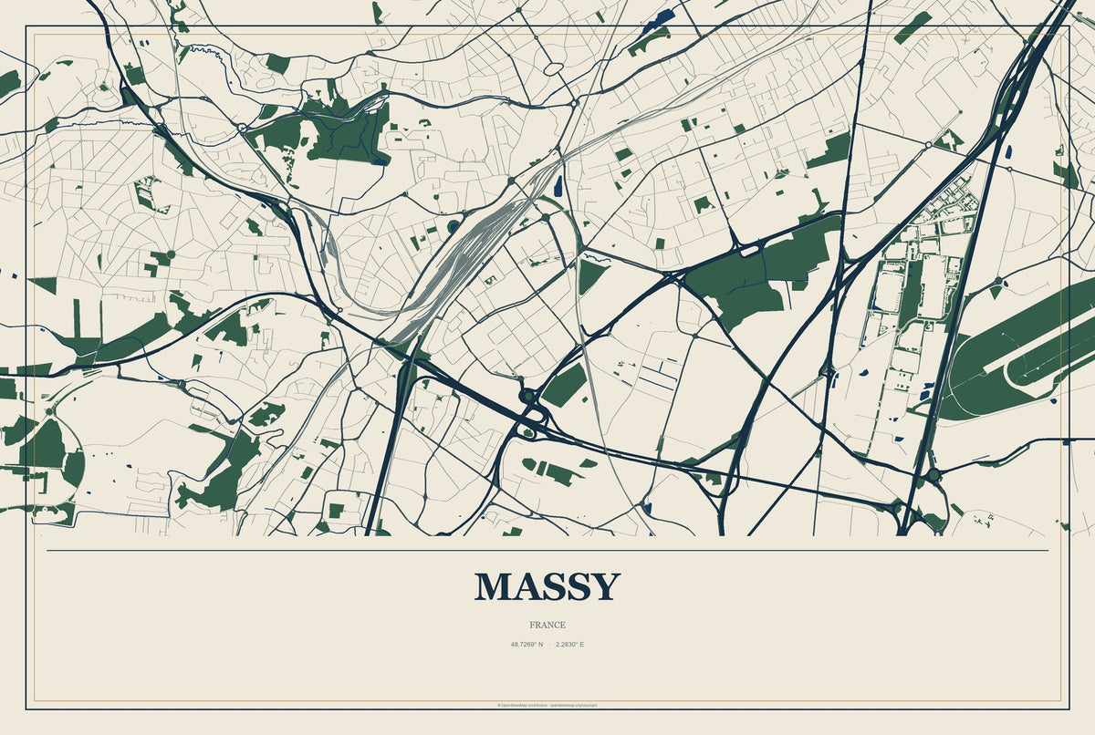 Massy, France City Map Aluminum Sign in Coastal Cutout style