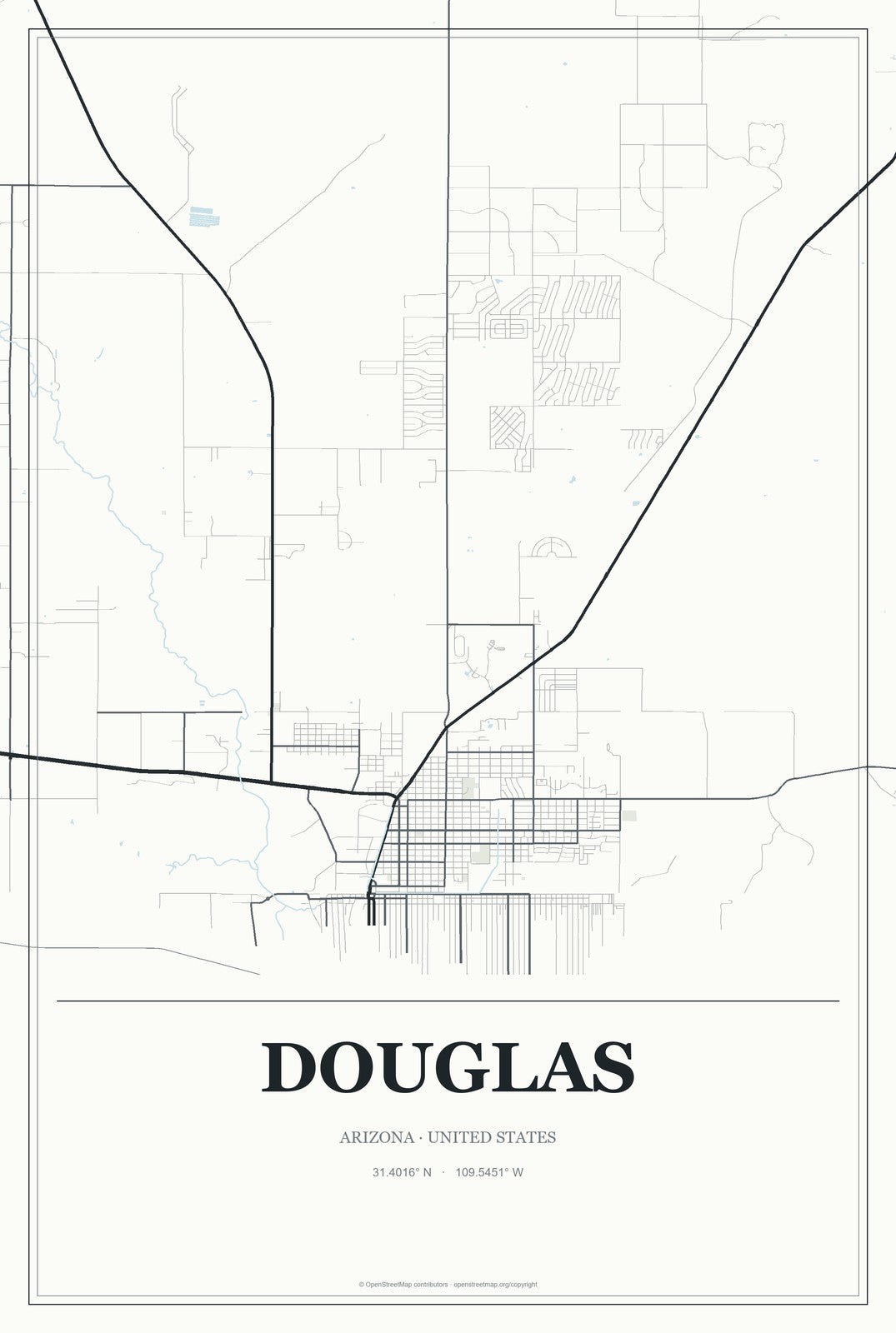 Douglas, Arizona City Map Aluminum Sign in Gallery Air style