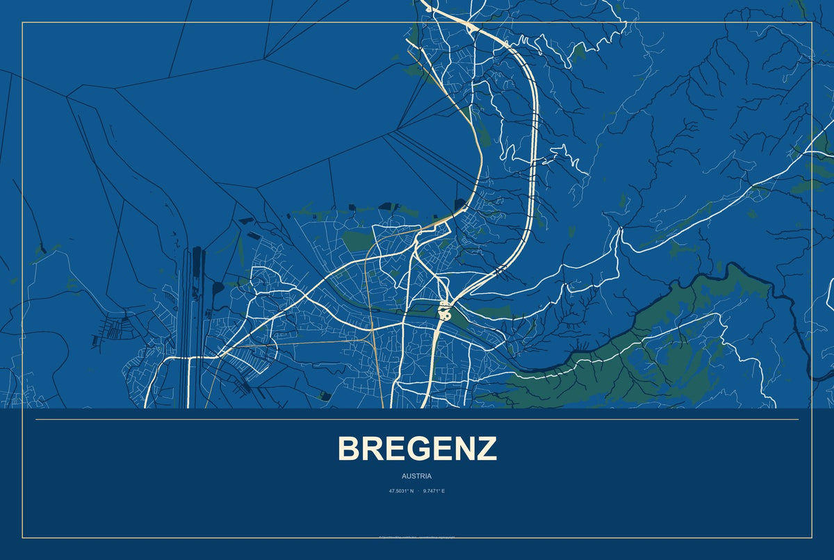 Bregenz, Austria City Map Aluminum Sign in Harbor Cobalt style
