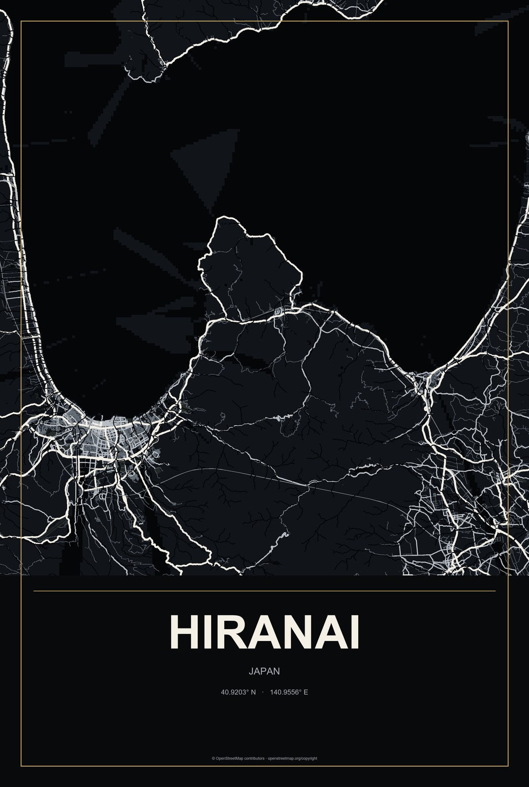 Hiranai, Japan City Map Aluminum Sign in Metropolitan Noir style