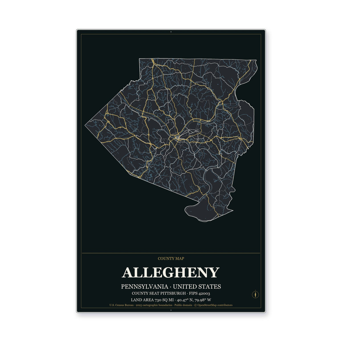 Allegheny County, Pennsylvania Map Aluminum Sign in Metropolitan Noir style