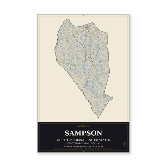 Sampson County, North Carolina Map Aluminum Sign in Museum Plaque style
